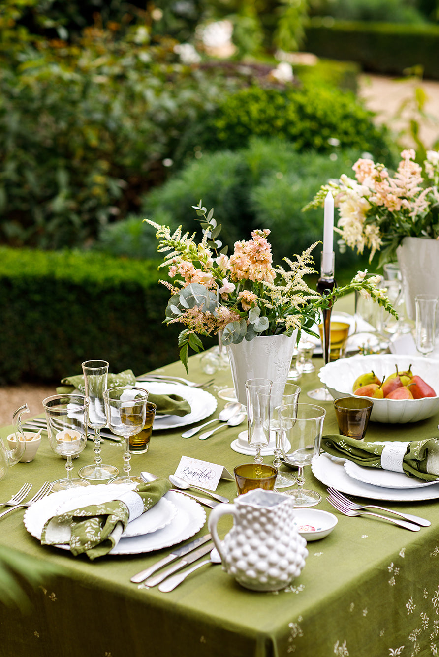 'S&Bee Falling Flower' Linen Tablecloth in Avocado Green