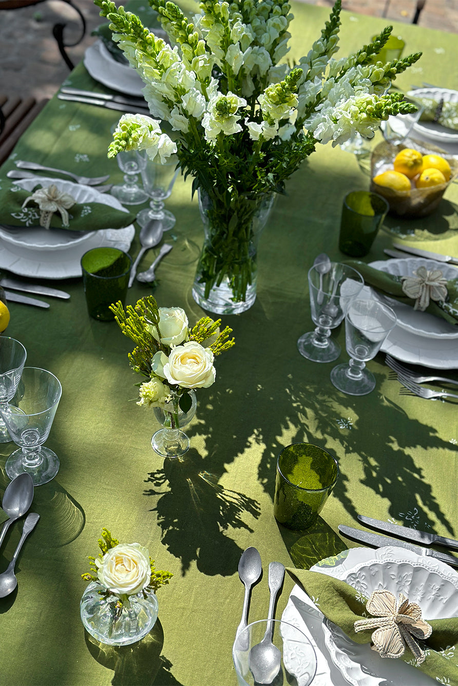 'S&Bee Falling Flower' Linen Tablecloth in Avocado Green