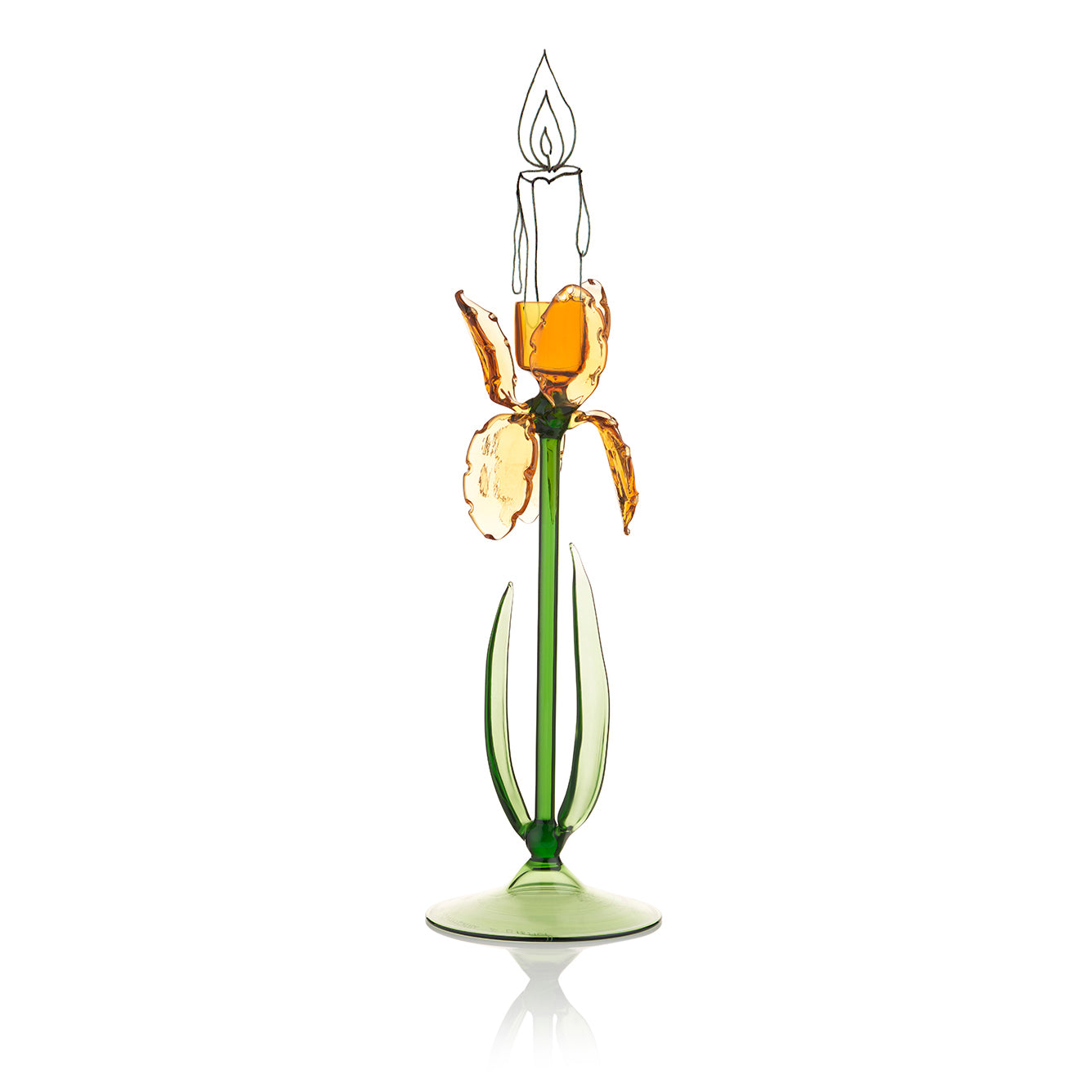 S&B Exclusive Handblown Murano Iris Candlestick in Amber, 27cm