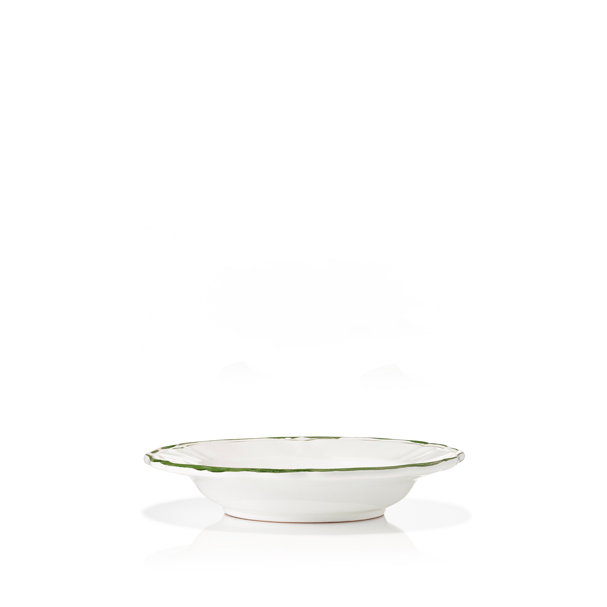 Scalloped Soup Plate With Olive Green Double Rim, 25cm
