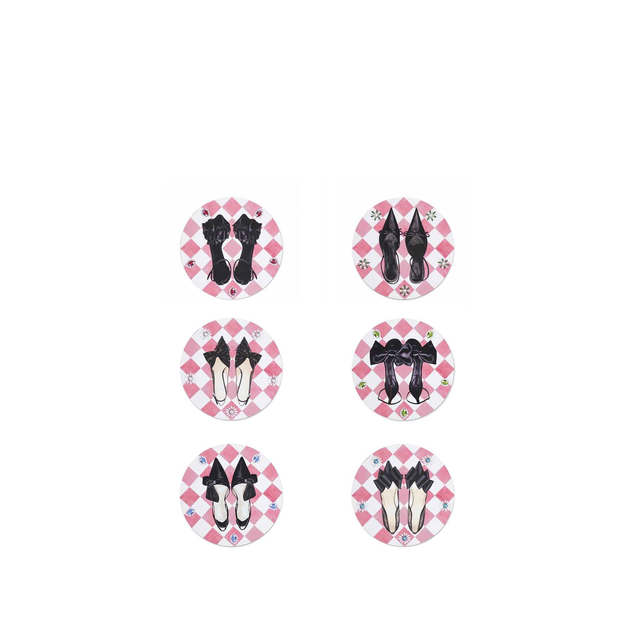 Set of 6 Shoe Check & Crystal Round Cork-Backed Coasters in Rose Pink