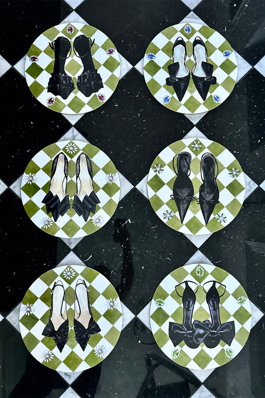 Set of 6 Shoe Check & Crystal Round Cork-Backed Placemats in Avocado Green, 34cm