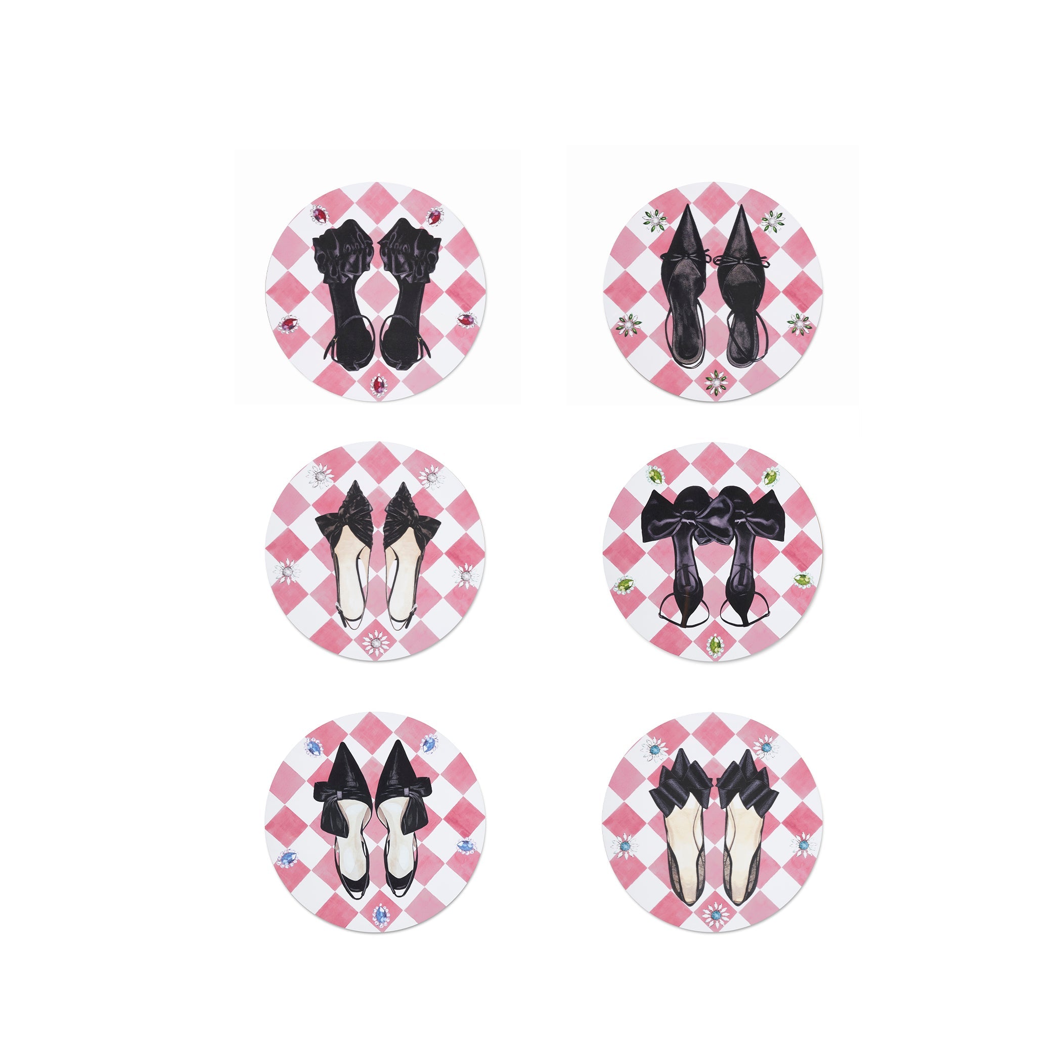Set of 6 Shoe Check & Crystal Round Cork-Backed Placemats in Rose Pink, 34cm