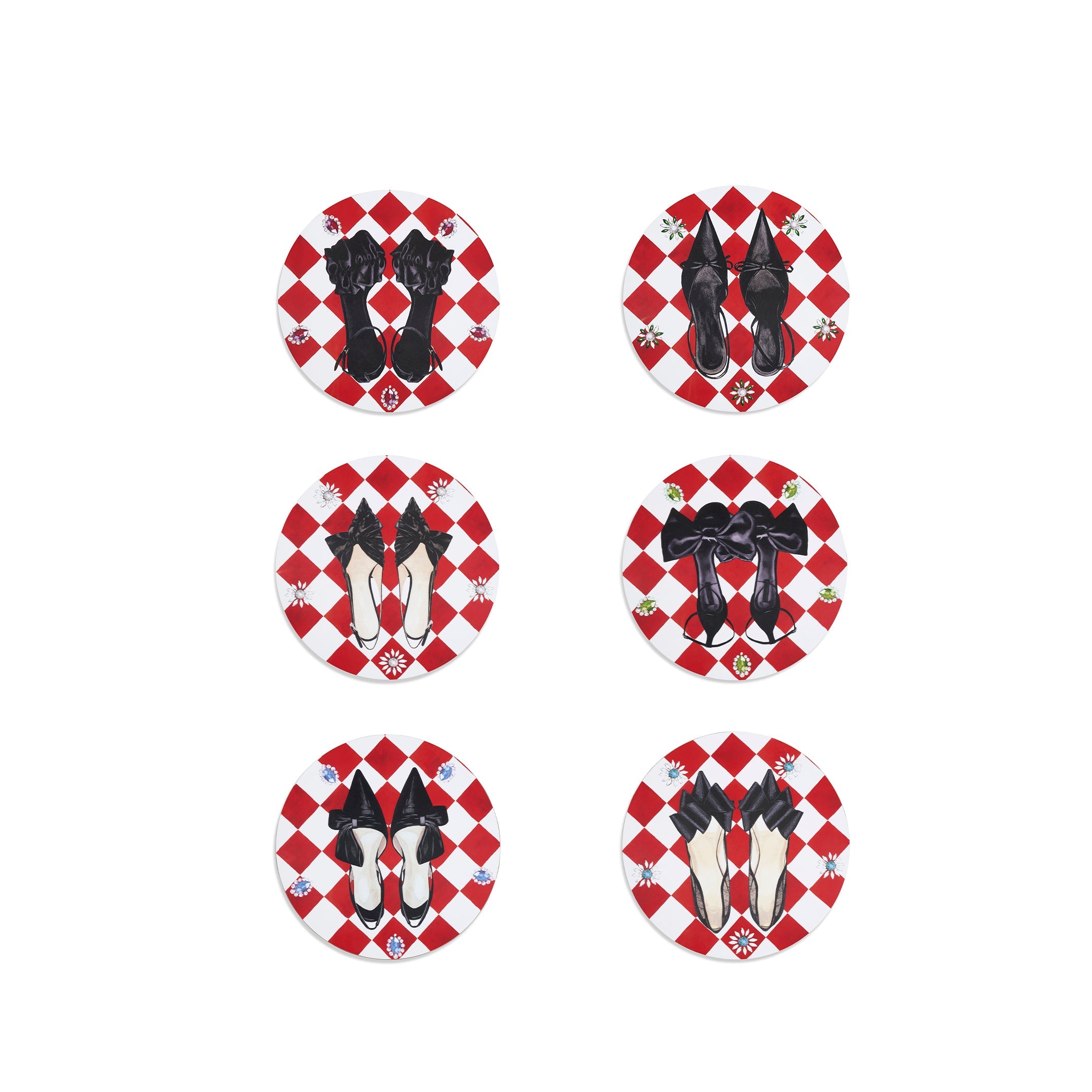 Set of 6 Shoe Check & Crystal Round Cork-Backed Placemats in Claret Red, 34cm