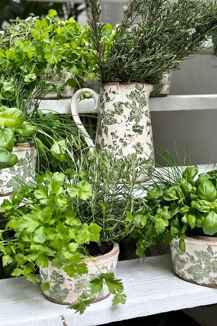 Stoneware Painted Green Floral Plant Pot, Small 17cm