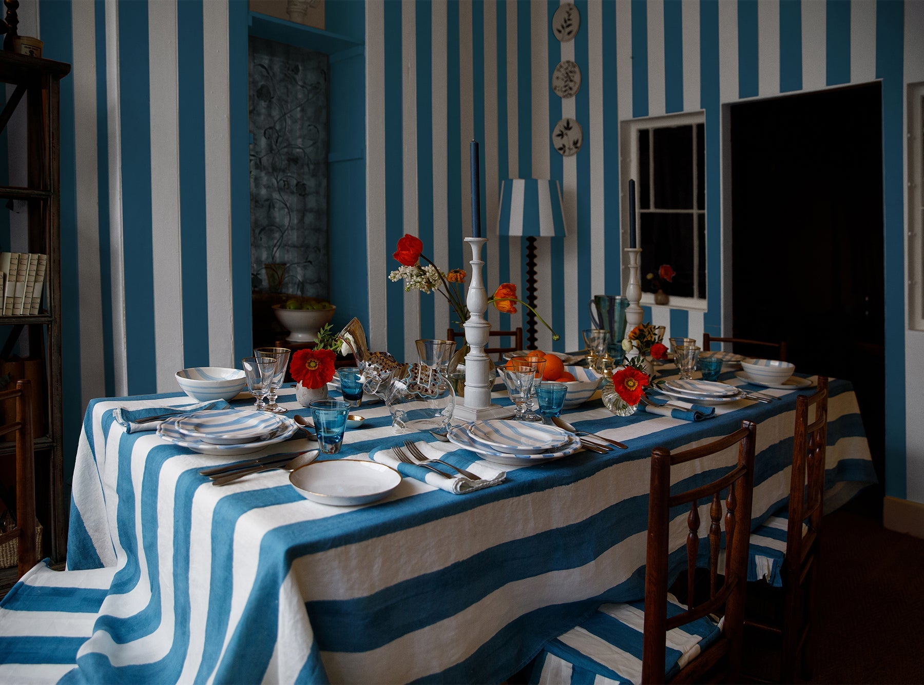 'Stripe' Linen Tablecloth in White & Blue