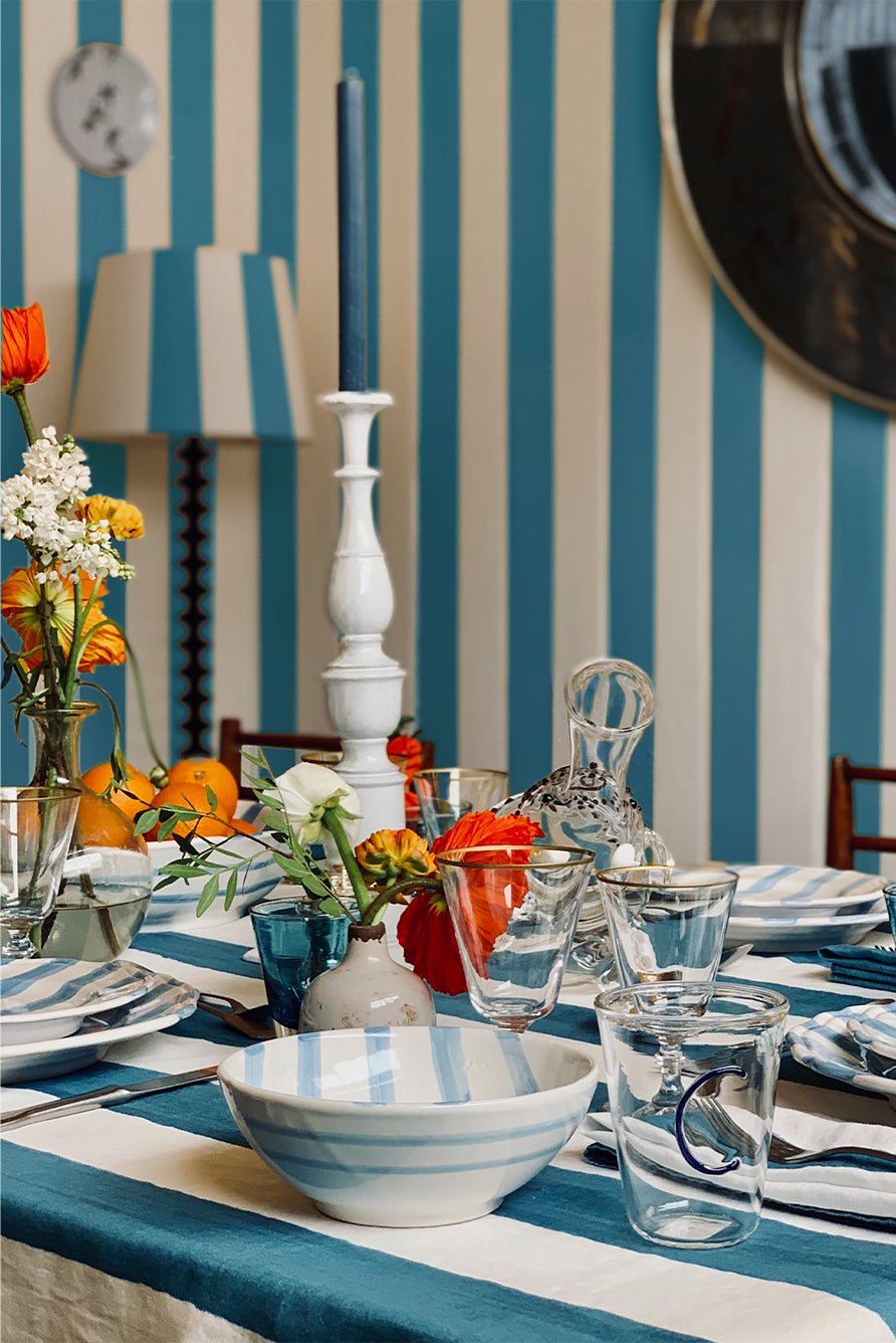 'Stripe' Linen Tablecloth in White & Blue