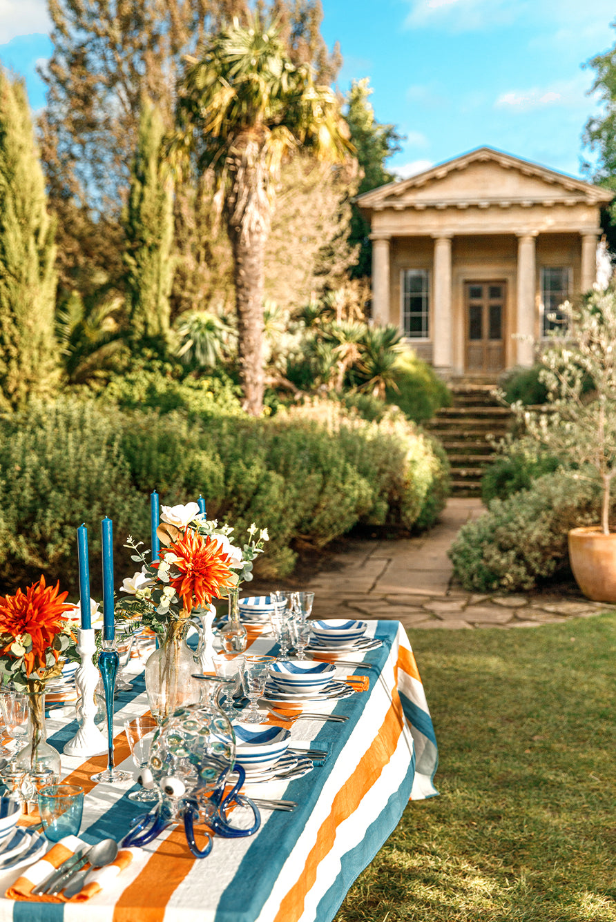'Stripe' Linen Tablecloth in Sky Blue & Orange