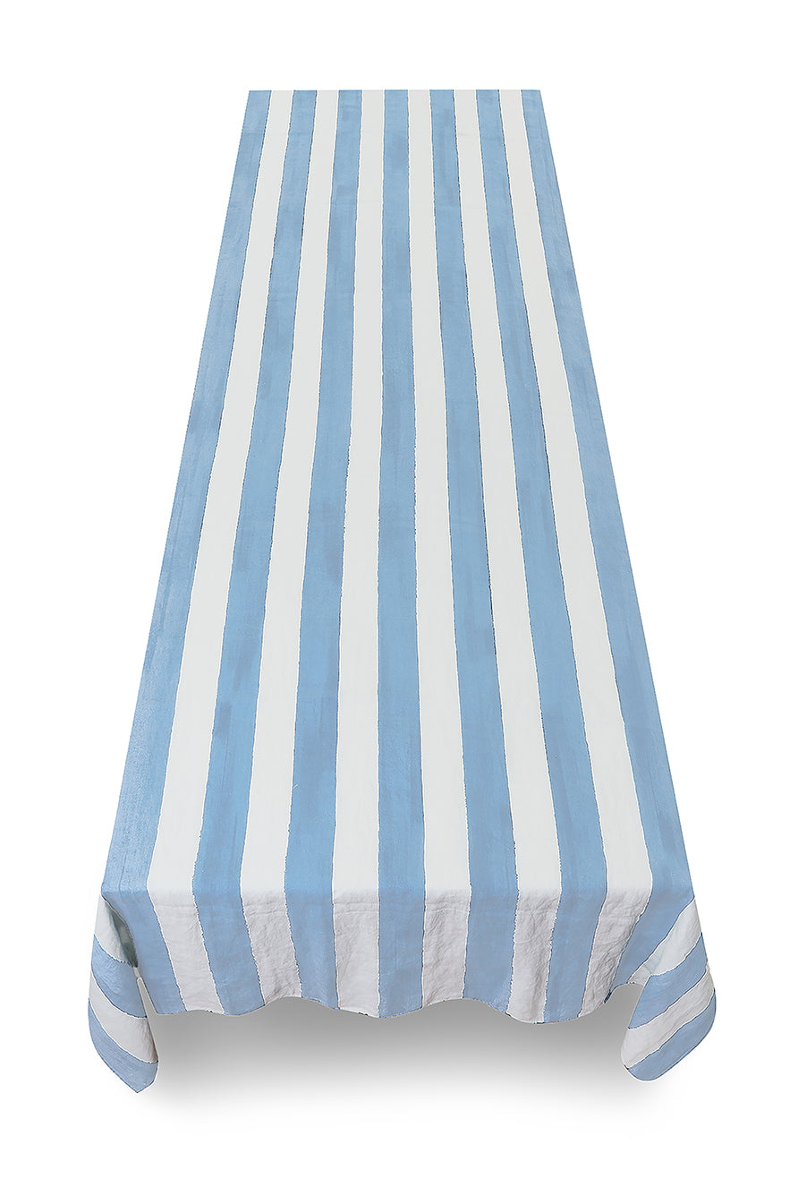 'Stripe' Linen Tablecloth in White & Pale Blue