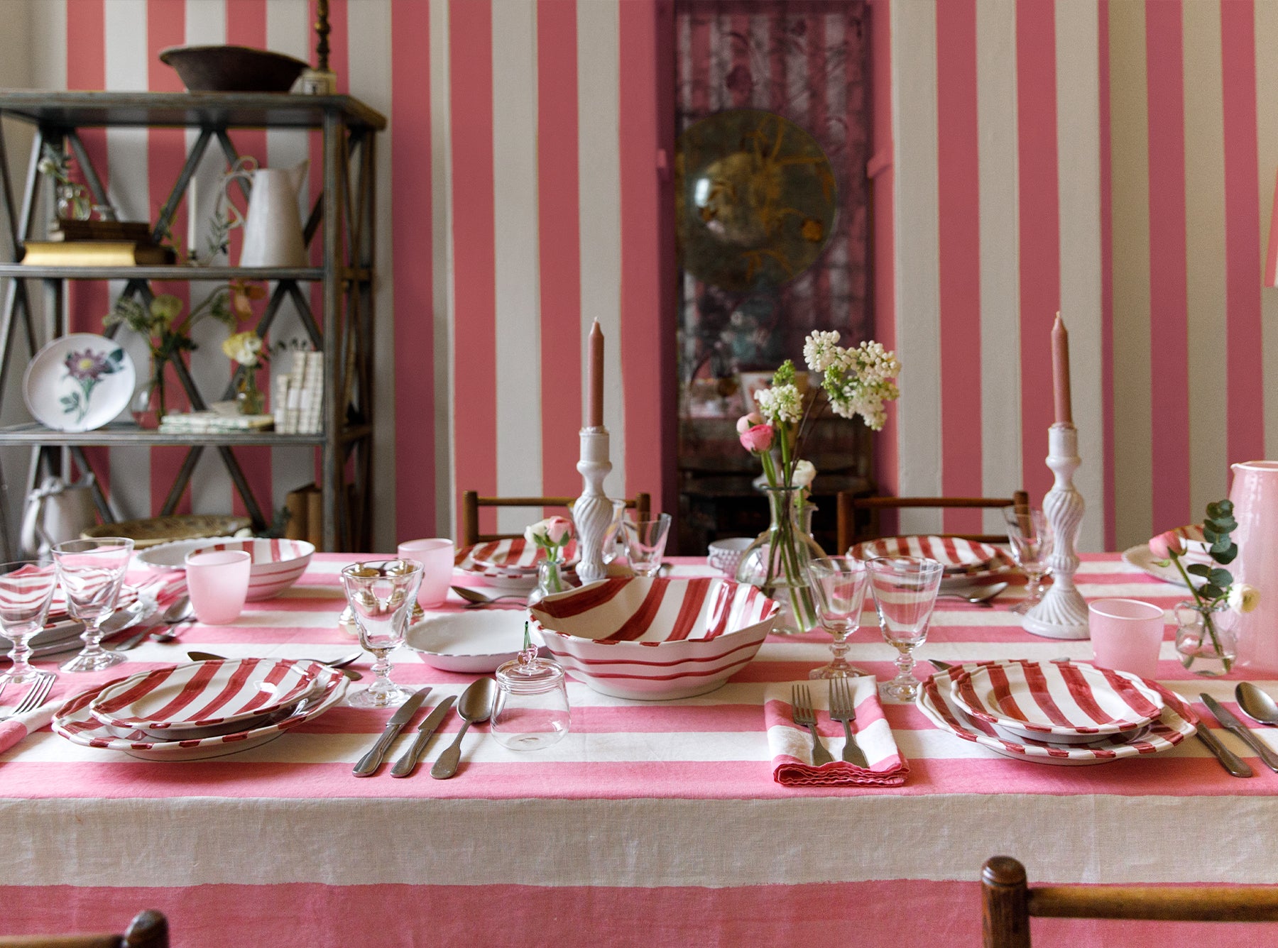 'Stripe' Linen Tablecloth in White & Pink