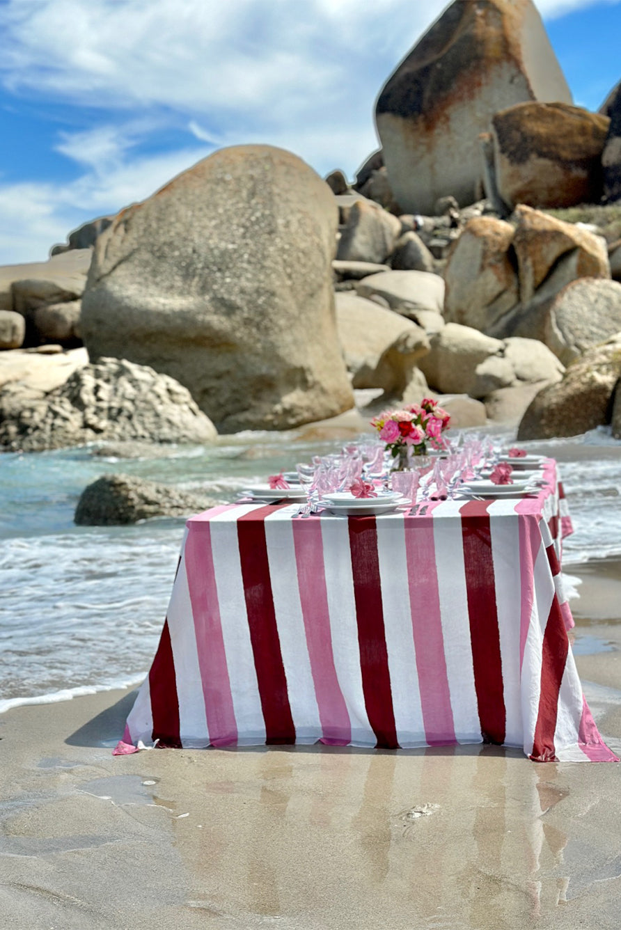 'Stripe' Linen Tablecloth in Raspberry Red & Rose Pink