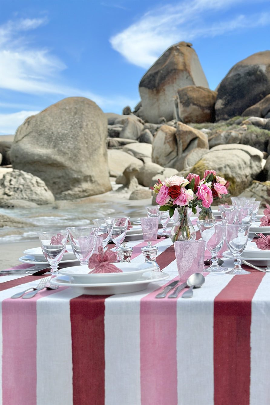 'Stripe' Linen Tablecloth in Raspberry Red & Rose Pink