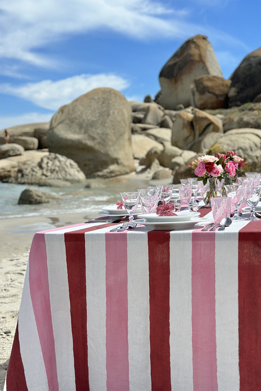 'Stripe' Linen Tablecloth in Raspberry Red & Rose Pink