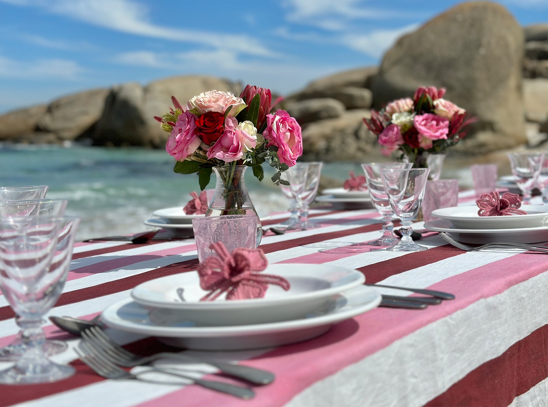 'Stripe' Linen Tablecloth in Raspberry Red & Rose Pink