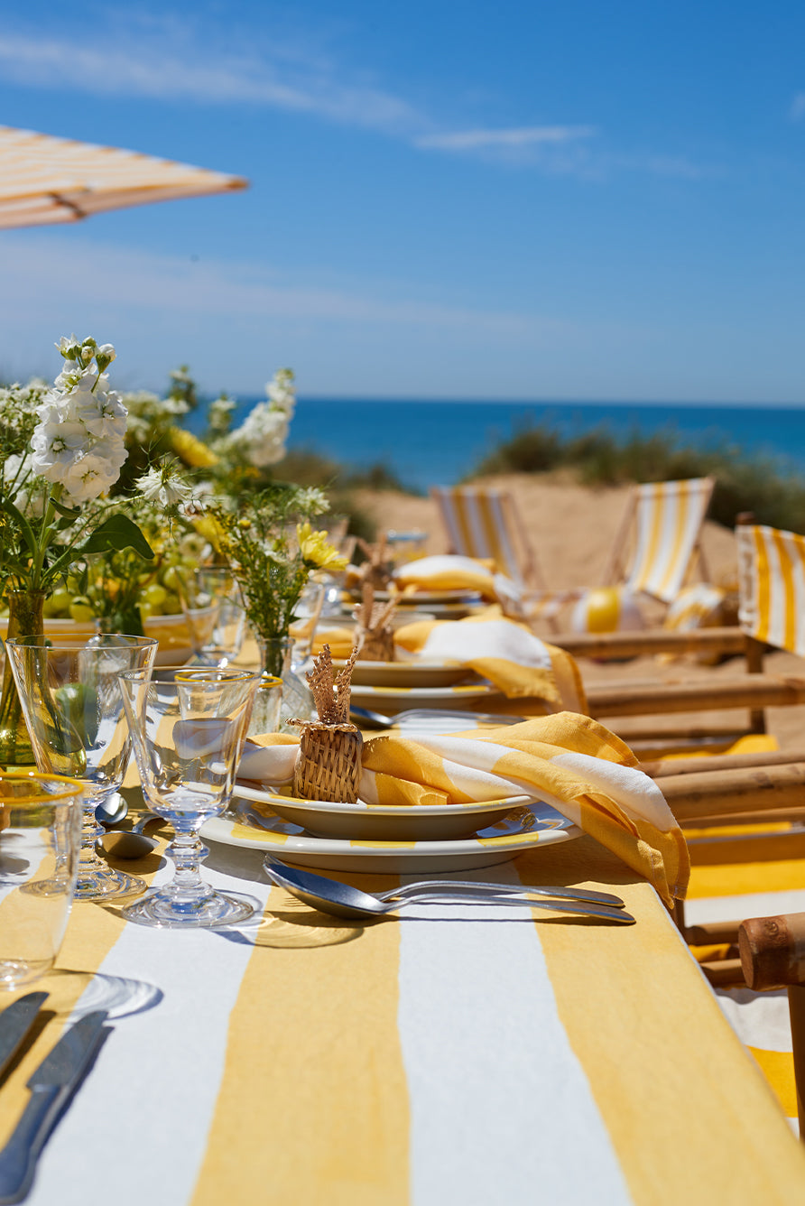 'Stripe' Linen Tablecloth in White & Yellow