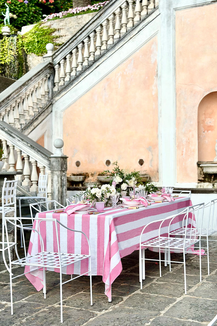 'Stripe' Linen Tablecloth in White & Pink