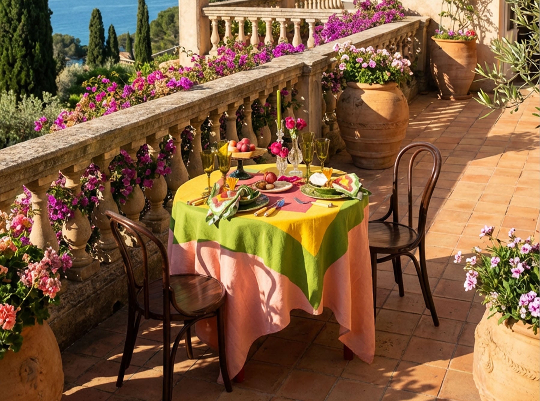 'Table for Two' Square Linen Heart Tablecloth in Pink, Green, Yellow & Red, 165cm x 165cm