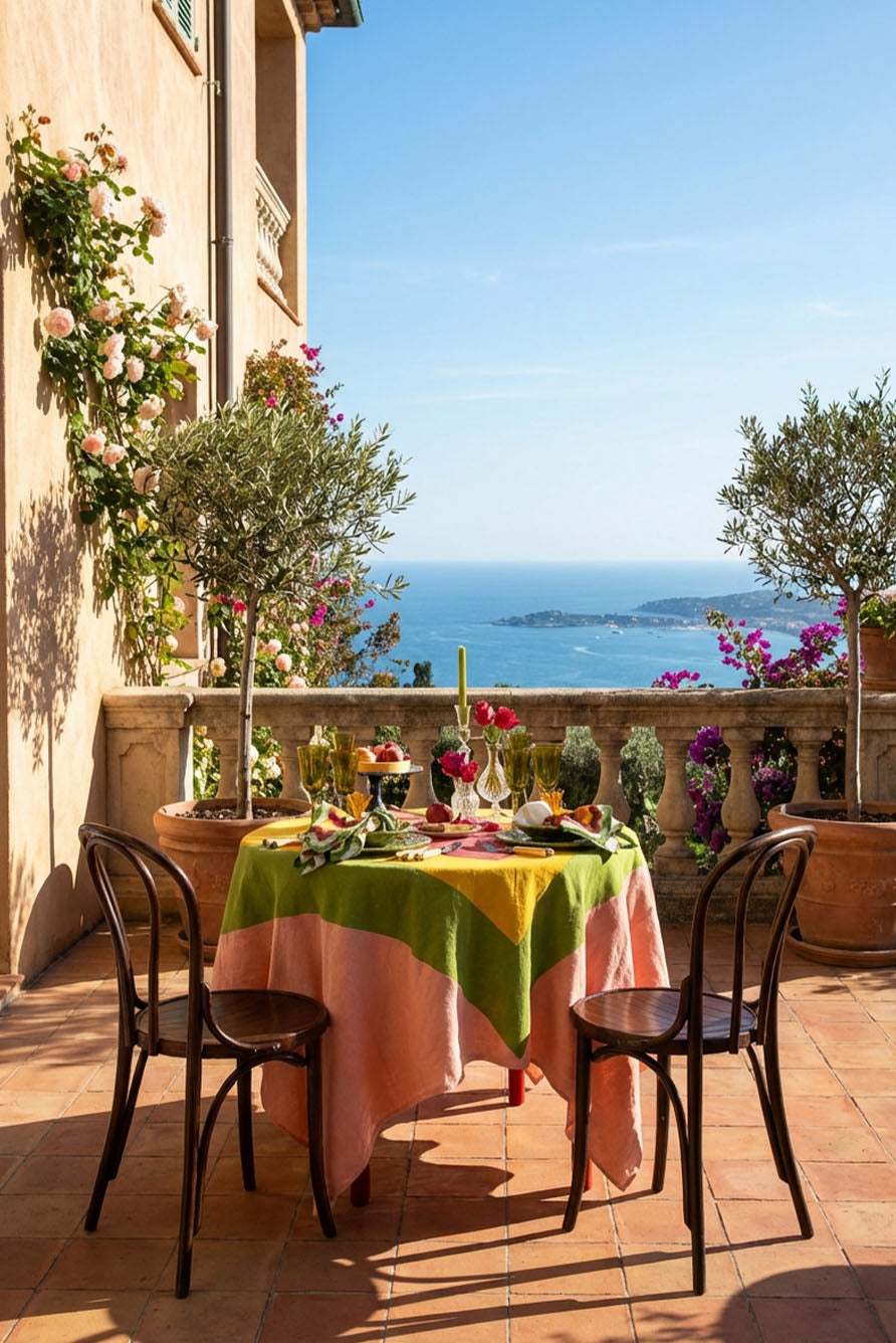 'Table for Two' Square Linen Heart Tablecloth in Pink, Green, Yellow & Red, 165cm x 165cm