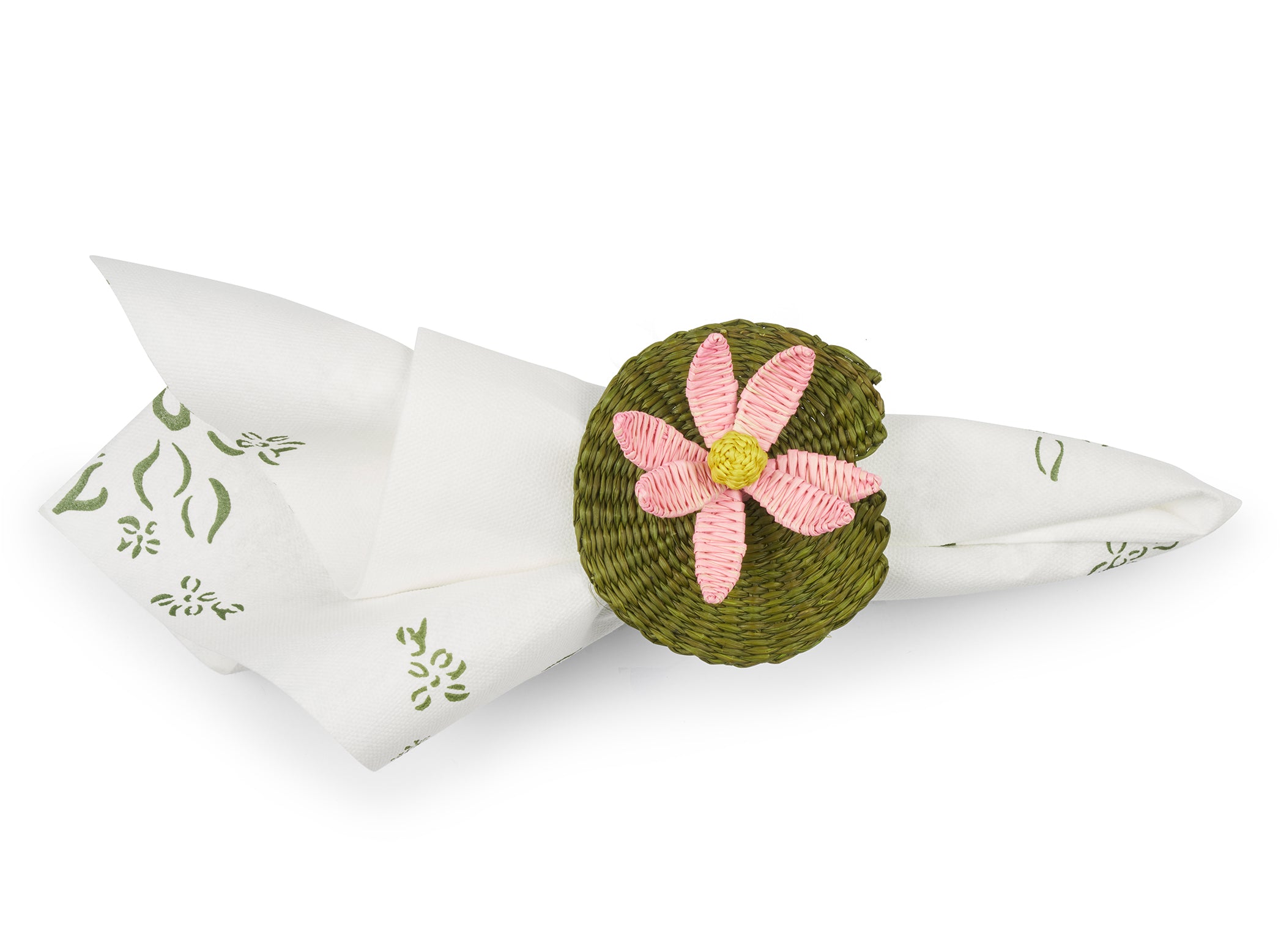 Handwoven Waterlily Pad Napkin Ring in Pink and Olive Green