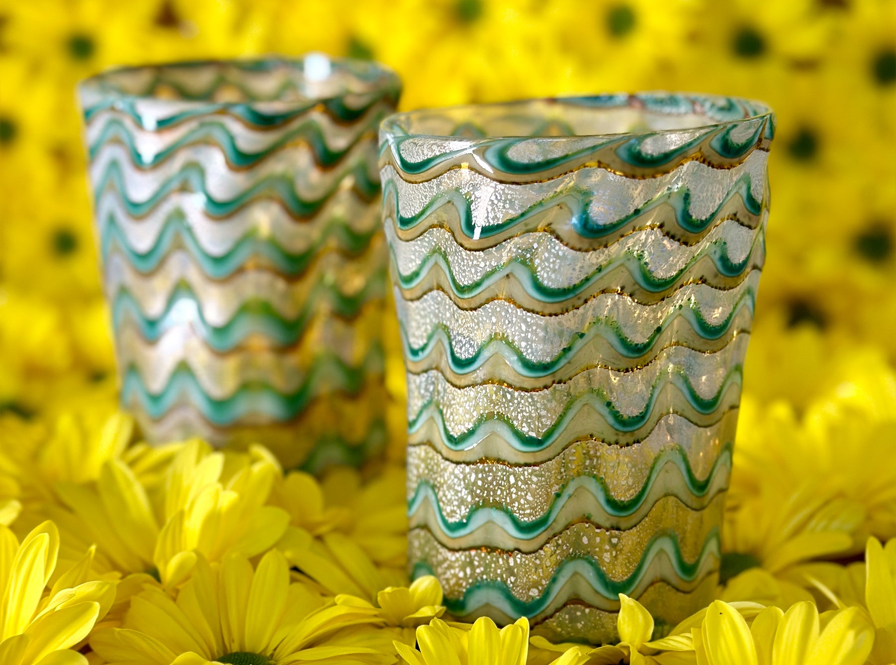 Handblown Murano Glass Wave Jug in Green & Gold