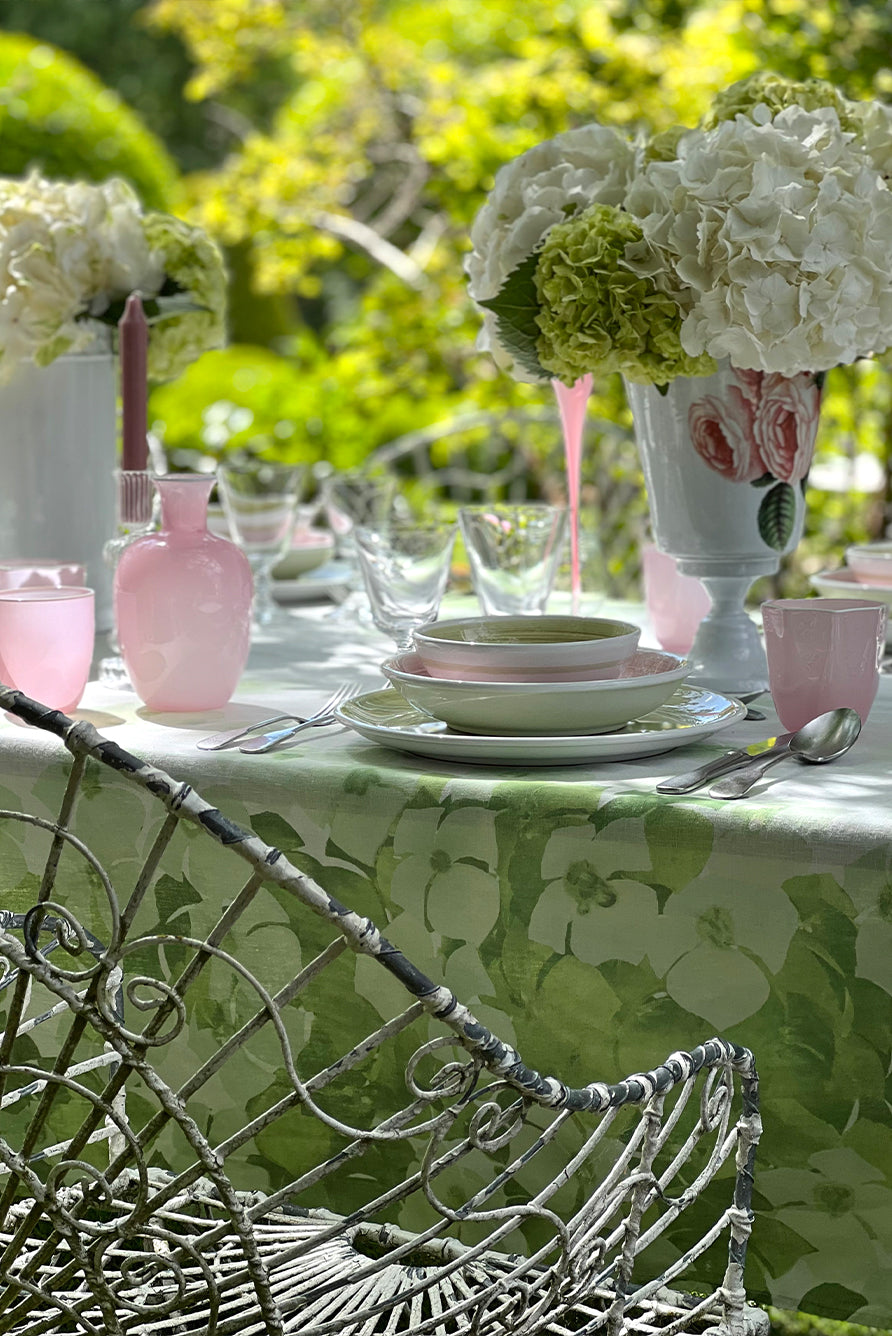 White Hydrangea Linen Tablecloth in Green