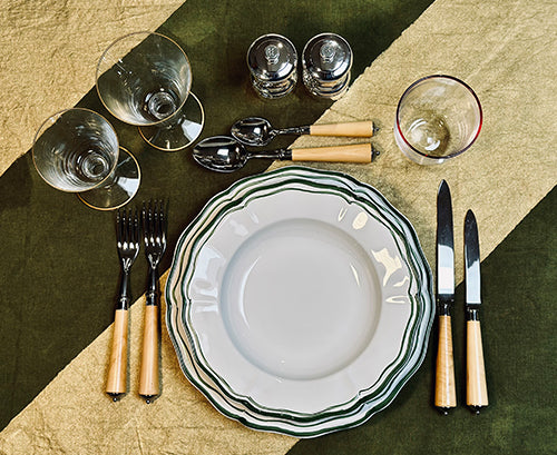 'Noel' Linen Tablecloth in Gold and Avocado Green