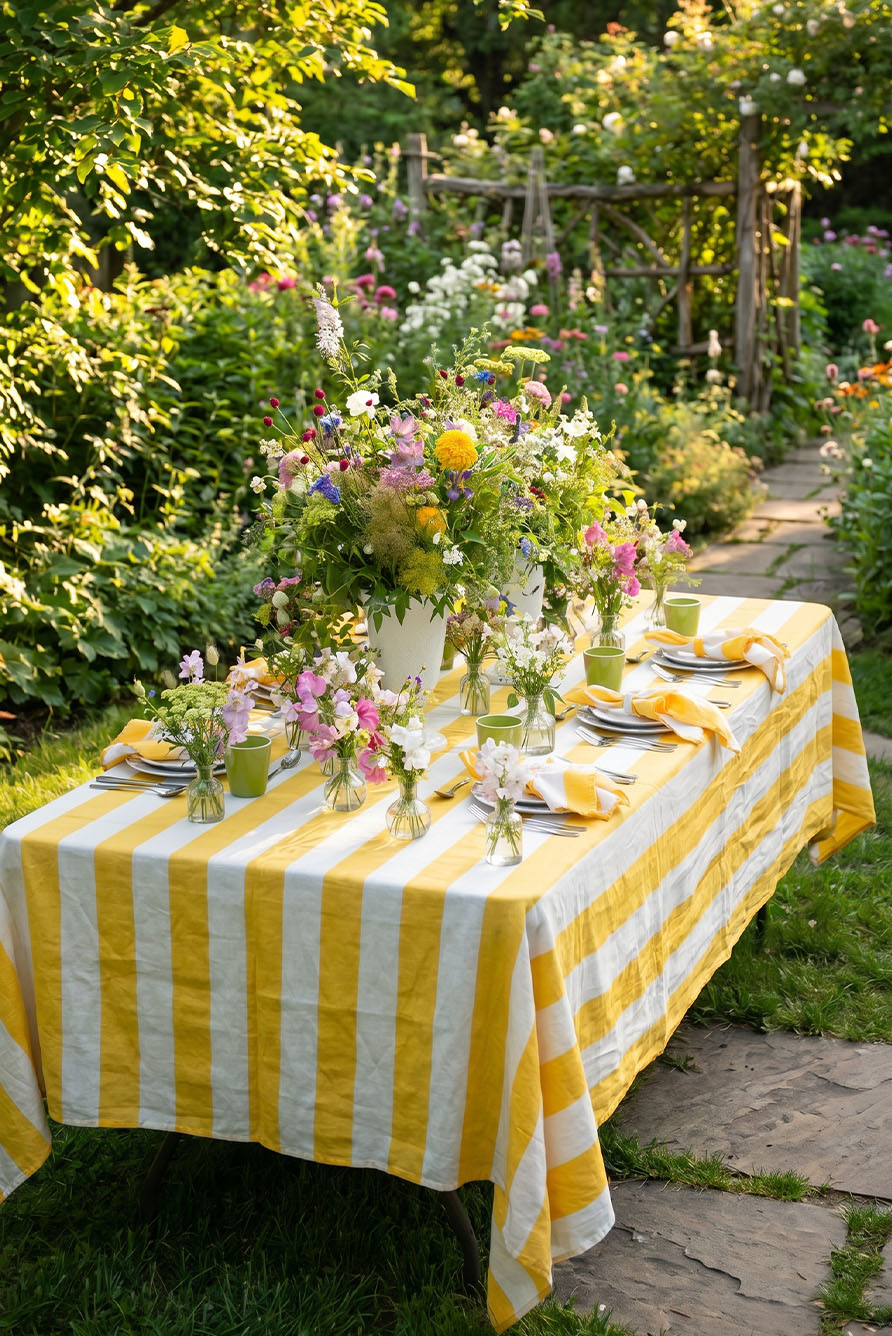 'Stripe' Linen Tablecloth in White & Yellow