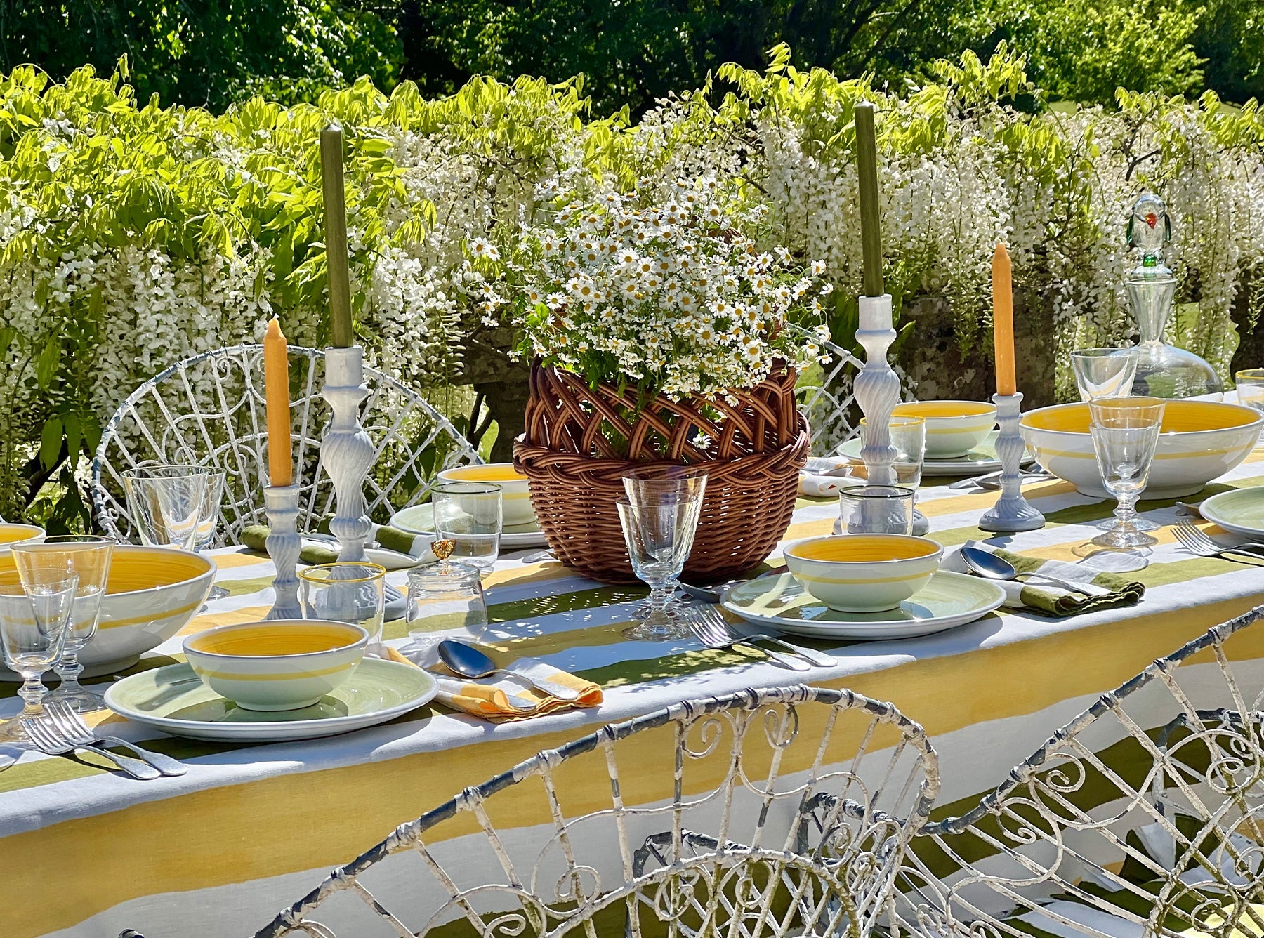 'Stripe' Linen Tablecloth in Avocado Green & Lemon Yellow