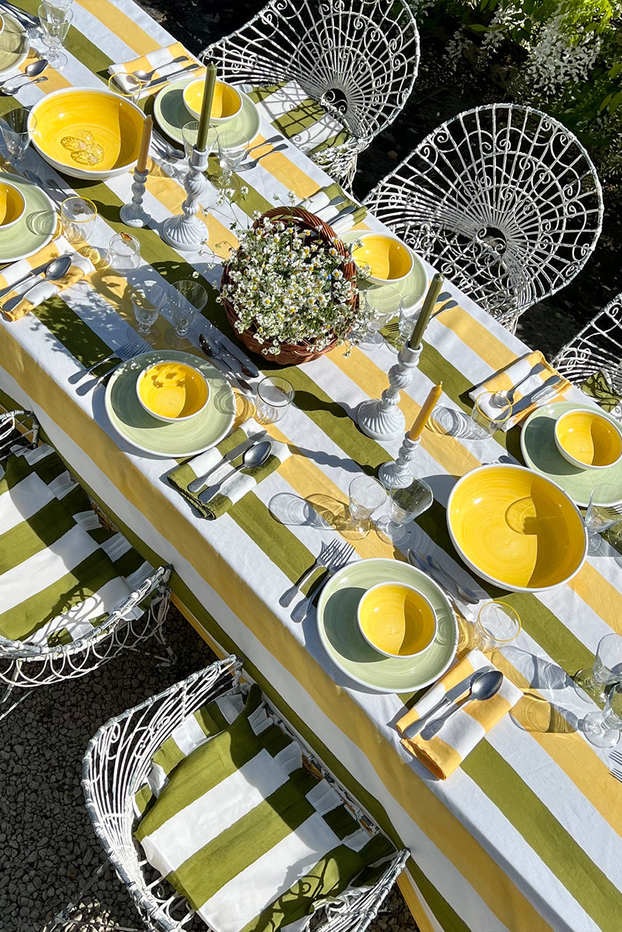 'Stripe' Linen Tablecloth in Avocado Green & Lemon Yellow