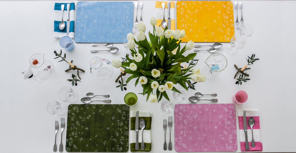 Falling Flower Cork-Backed Placemat in Pale Blue, 29 x 38cm