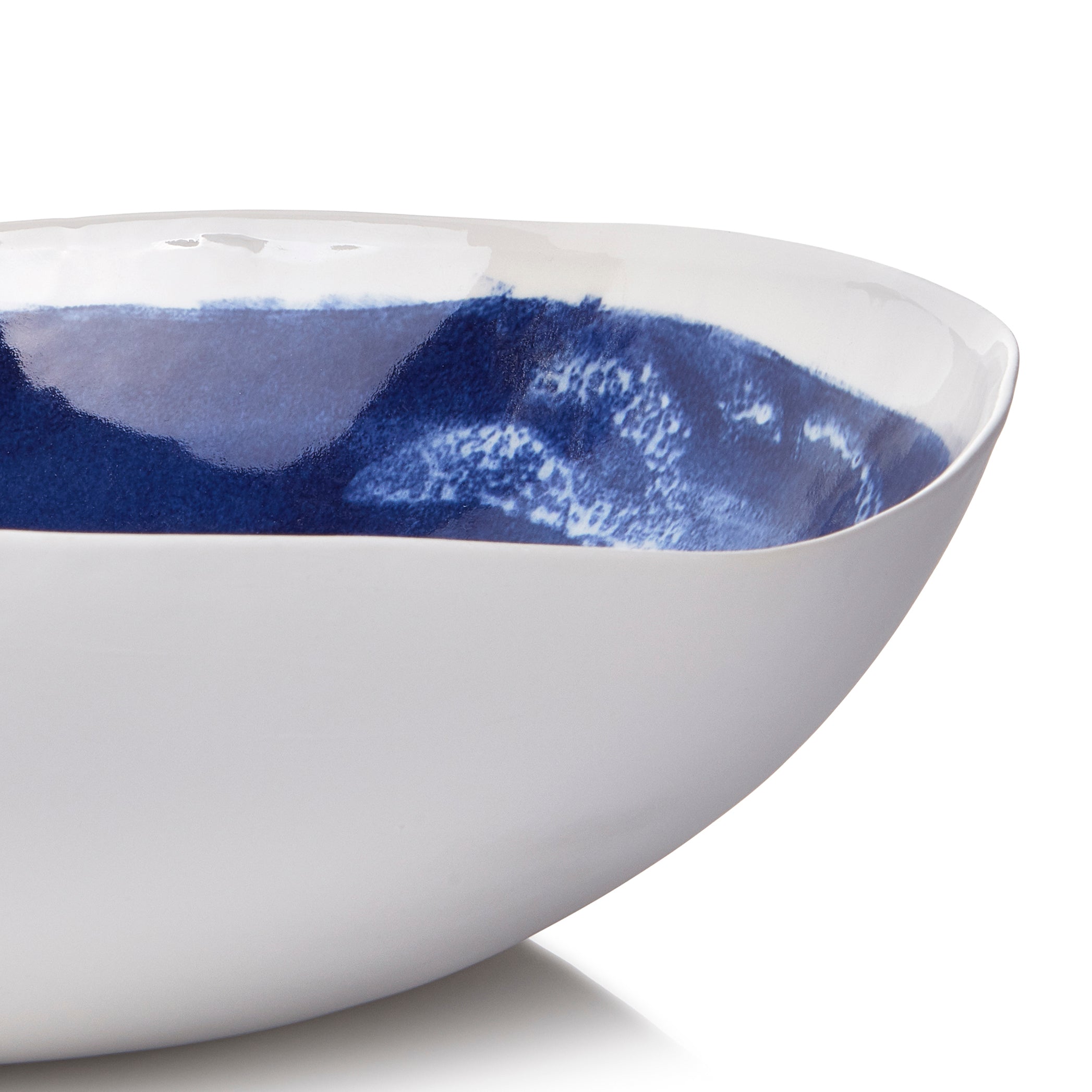 Summerill & Bishop Handmade 43cm Porcelain Extra Large Salad Bowl In Blue Glaze with White Filodendro Leaf