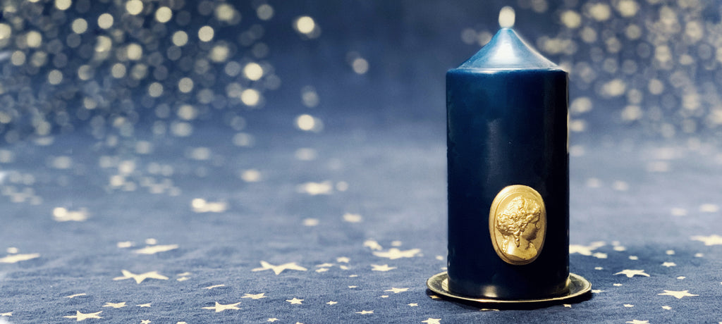 'Madame de Pompadour' Cameo Pillar Candle in Navy Blue by Trudon, 15cm