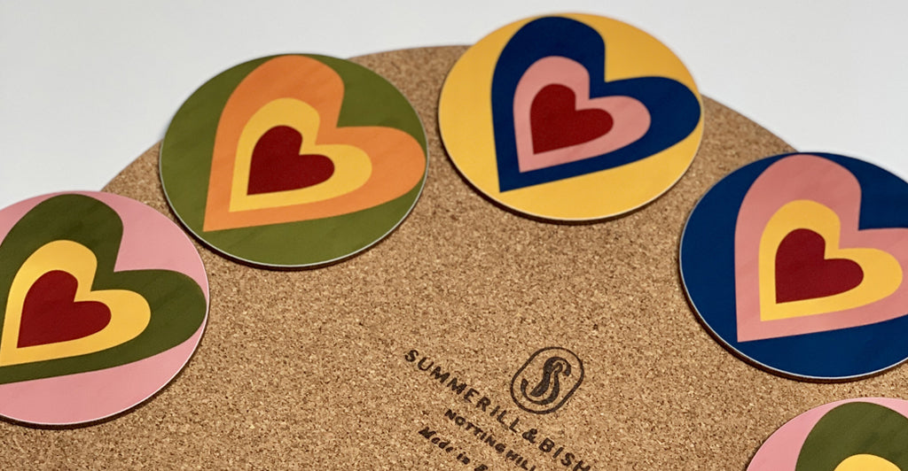 Set of Six Heart Cork-Backed Coasters in Mixed Colours