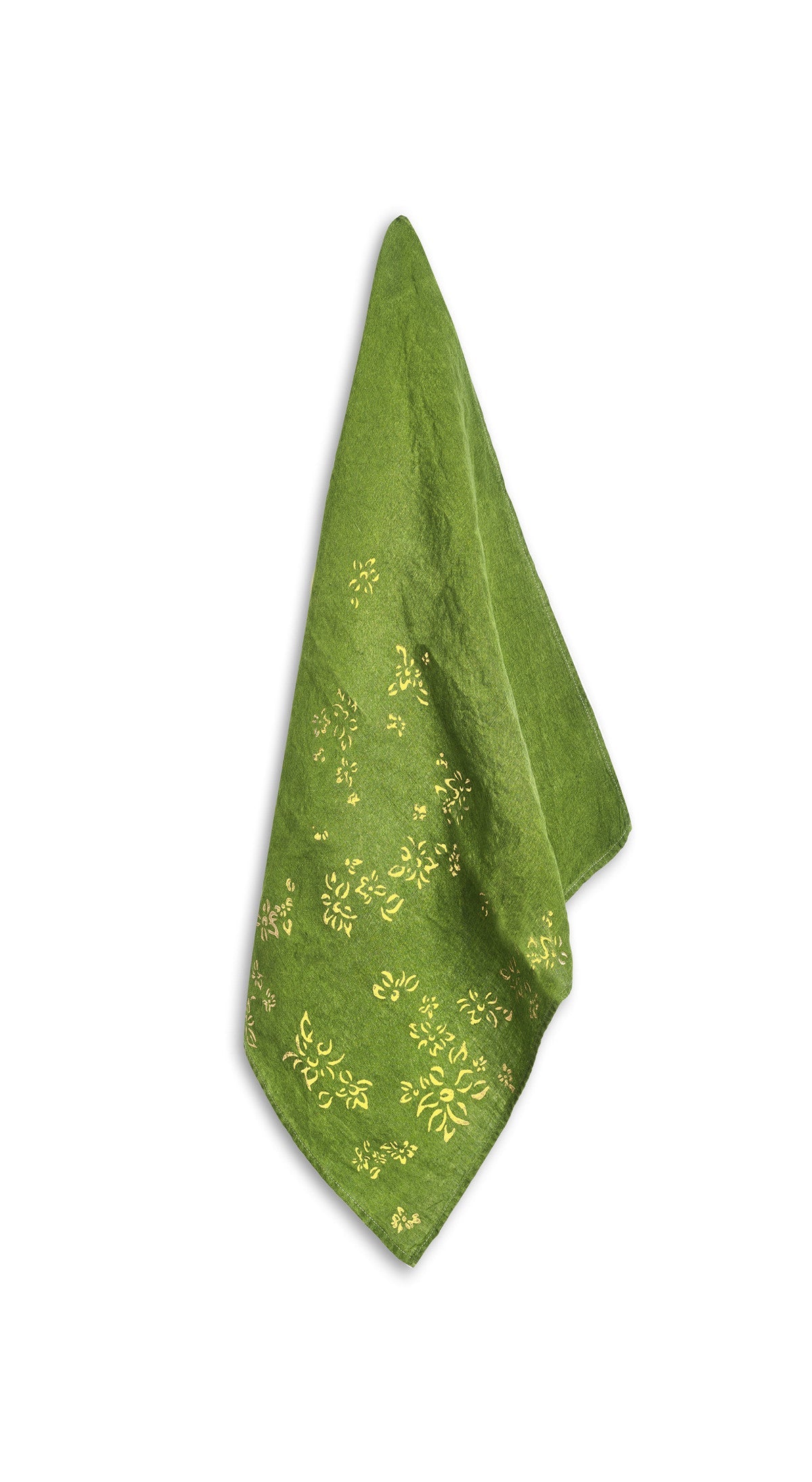 Bernadette's Hand Stamped Falling Flower On Full Field Linen Napkin in Avocado Green & Gold, 50x50cm
