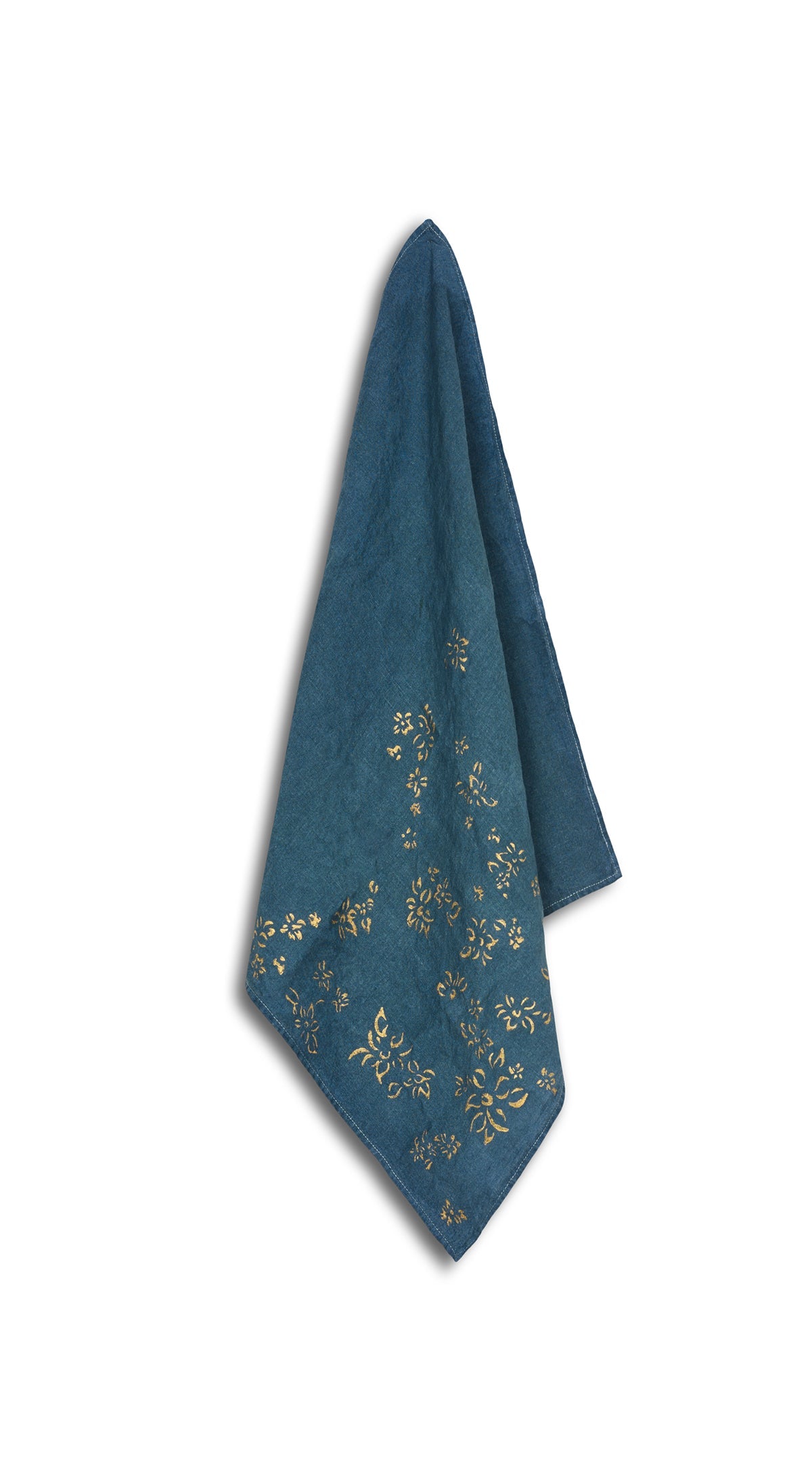 Bernadette's Hand Stamped Falling Flower On Full Field Linen Napkin in Deep Blue & Gold, 50x50cm