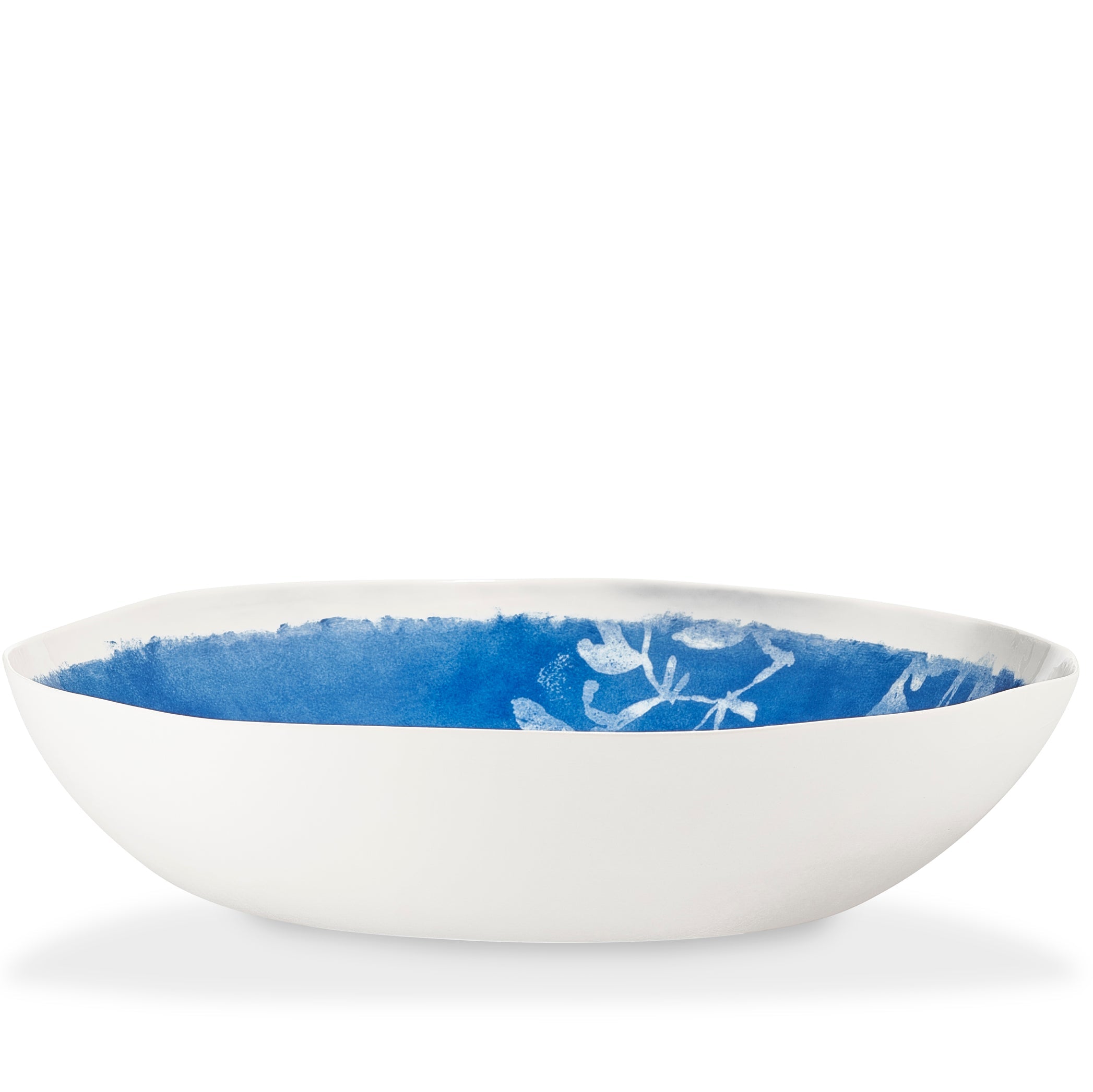 Summerill & Bishop Handmade 43cm Porcelain Extra Large Salad Bowl In Blue Glaze with White Poppy Flowers