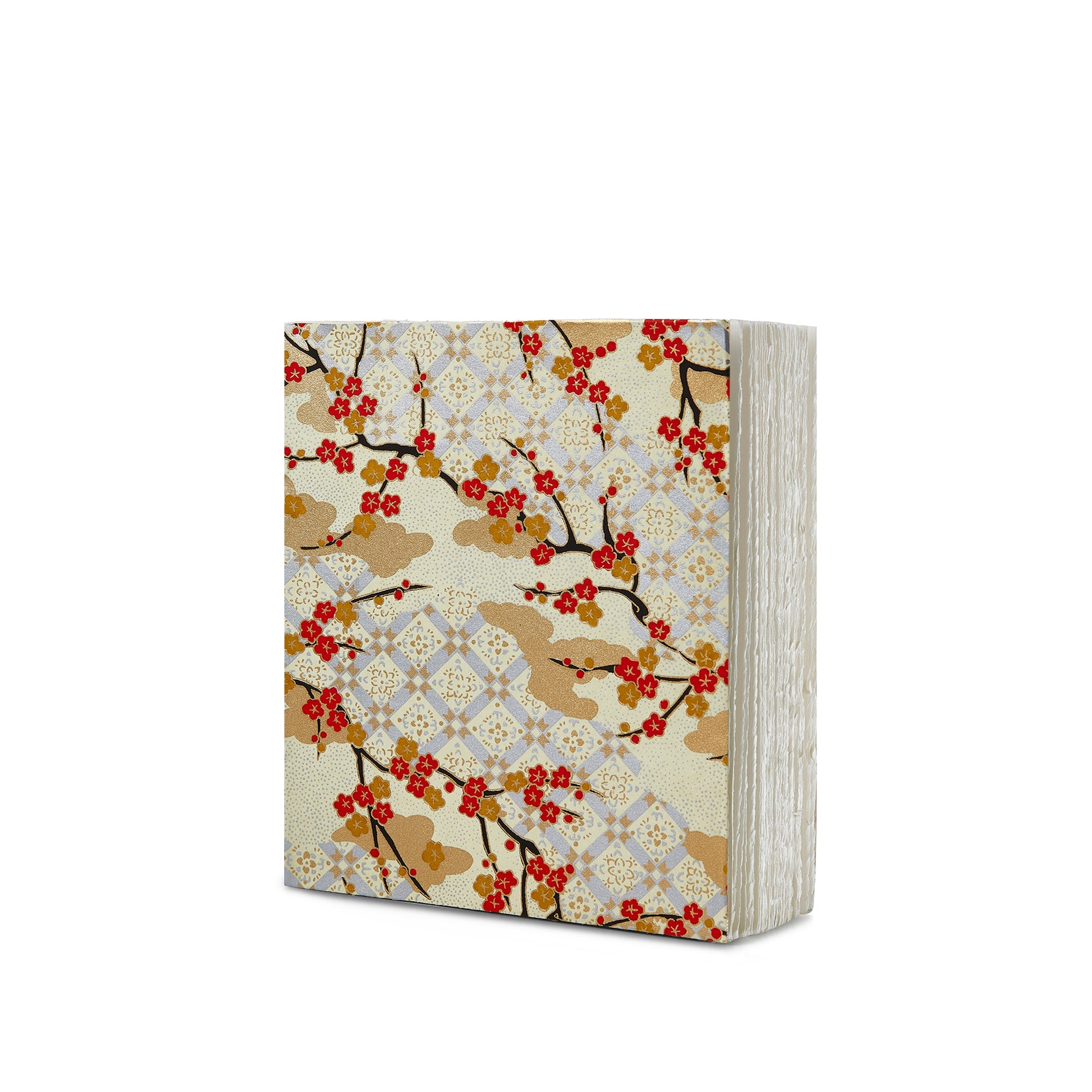 Handprinted Japanese Chiyogami Covered Sketchbook, Flowering Branches on Gold Background, 20cm x 17cm