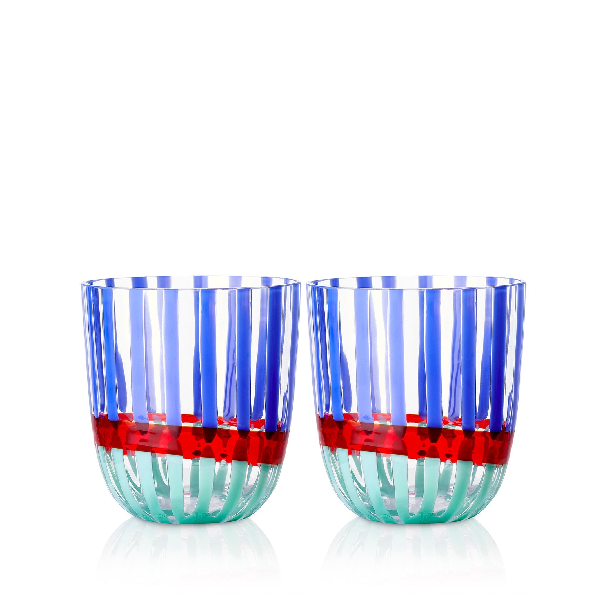 Set of Two Handblown Double Stripe Glass Tumblers in Sky Blue, Red & Teal, 8.5cm