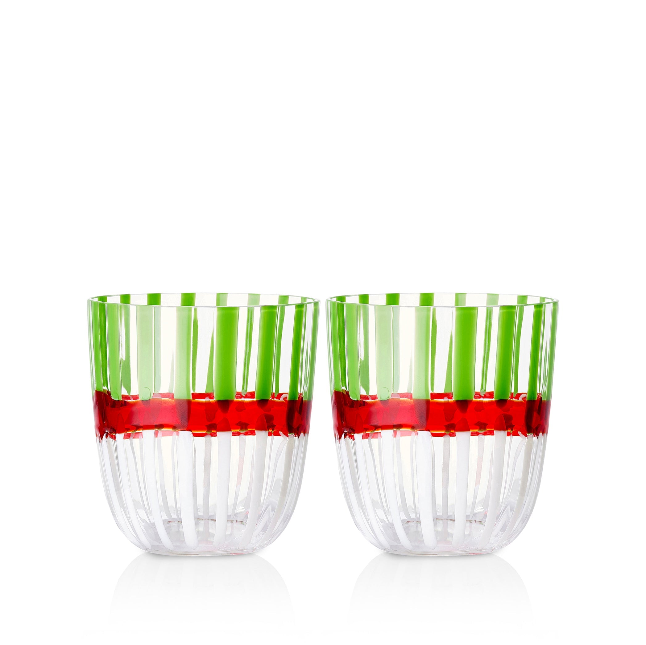 Set of Two Handblown Double Stripe Glass Tumblers in Avocado Green, Red & White, 8.5cm