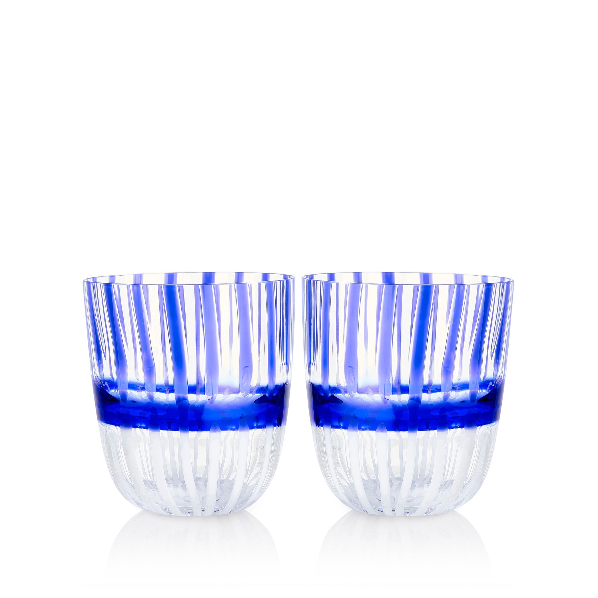 Set of Two Handblown Double Stripe Glass Tumblers in Midnight Blue & White, 8.5cm