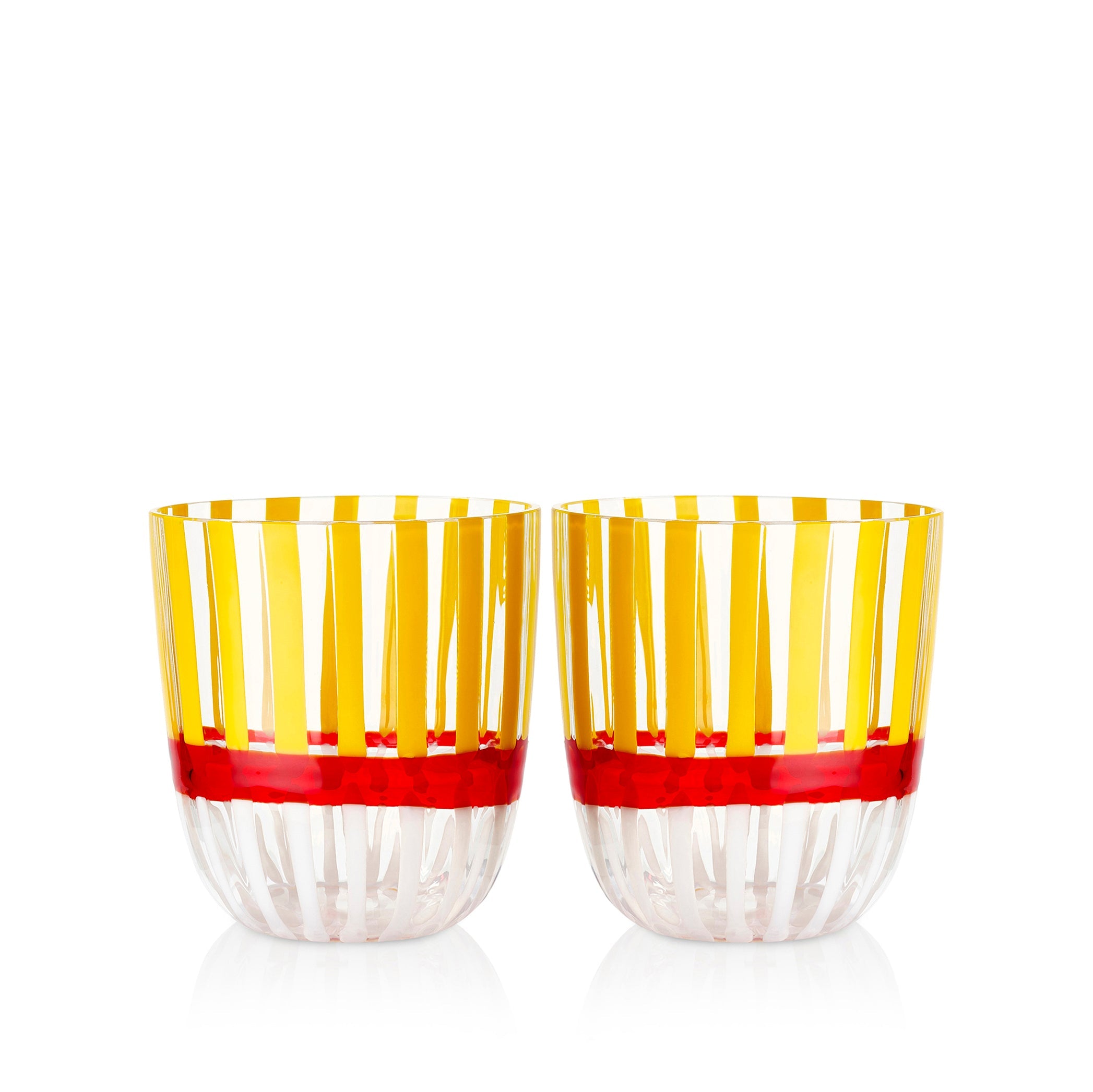 Set of Two Handblown Double Stripe Glass Tumblers in Lemon Yellow, Red & White, 8.5cm