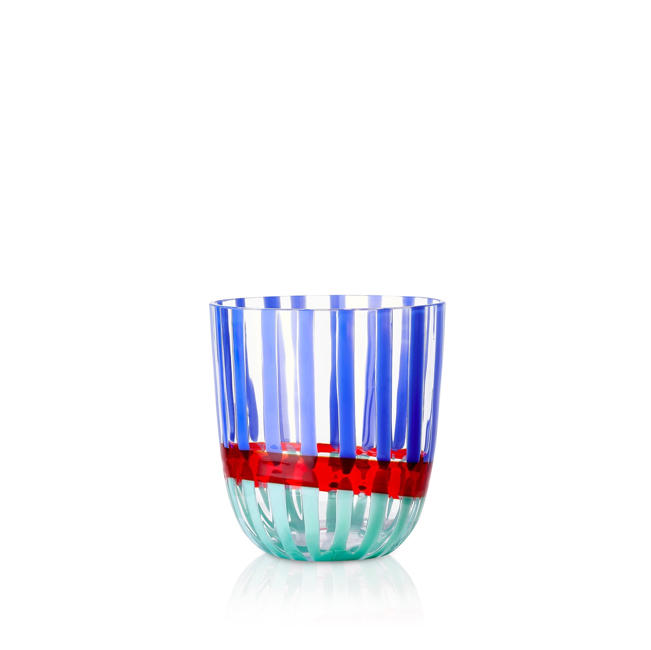 Set of Two Handblown Double Stripe Glass Tumblers in Sky Blue, Red & Teal, 8.5cm