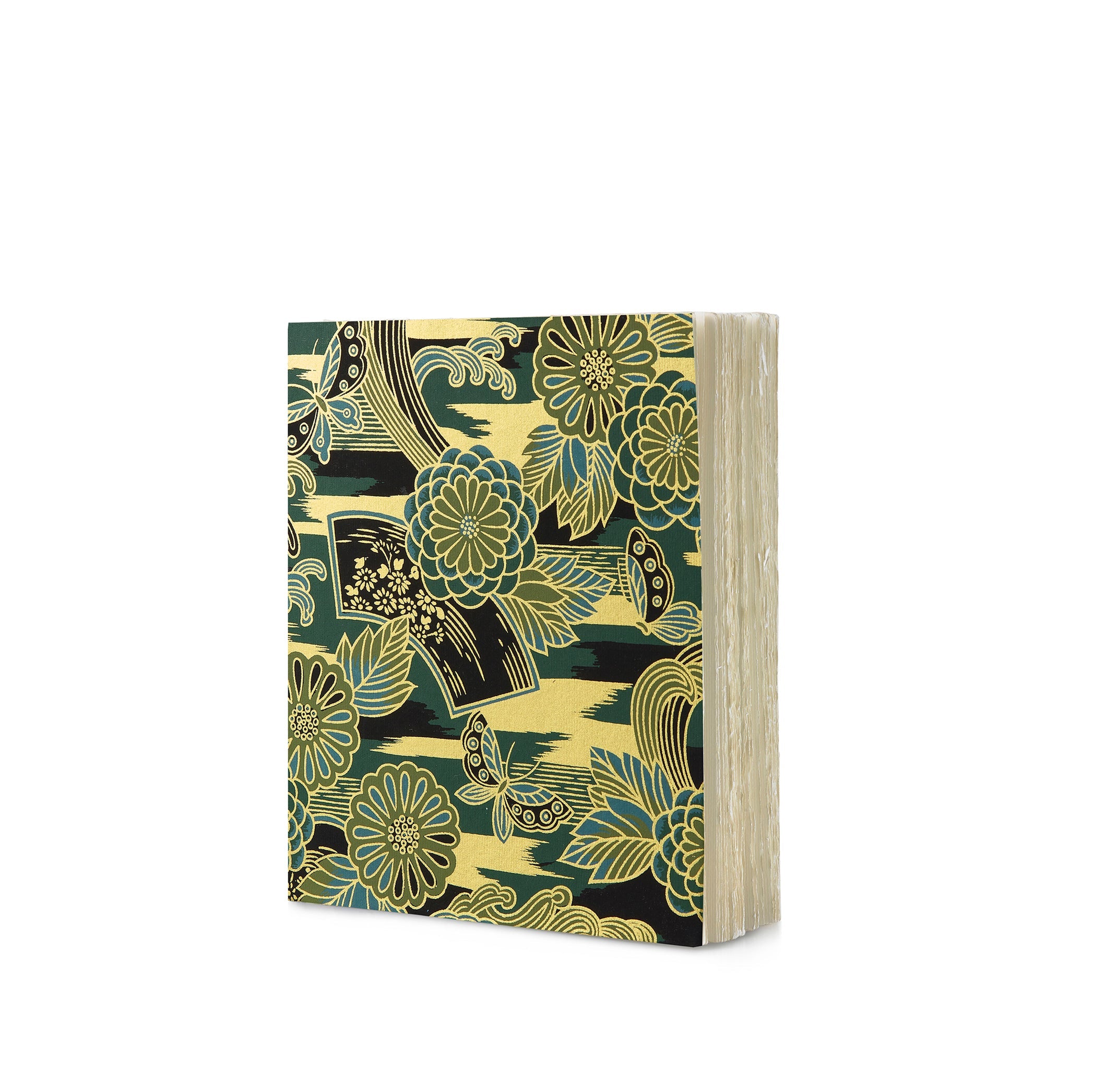 Handprinted Japanese Chiyogami Covered Sketchbook, Vert Papillons, 20cm x 17cm