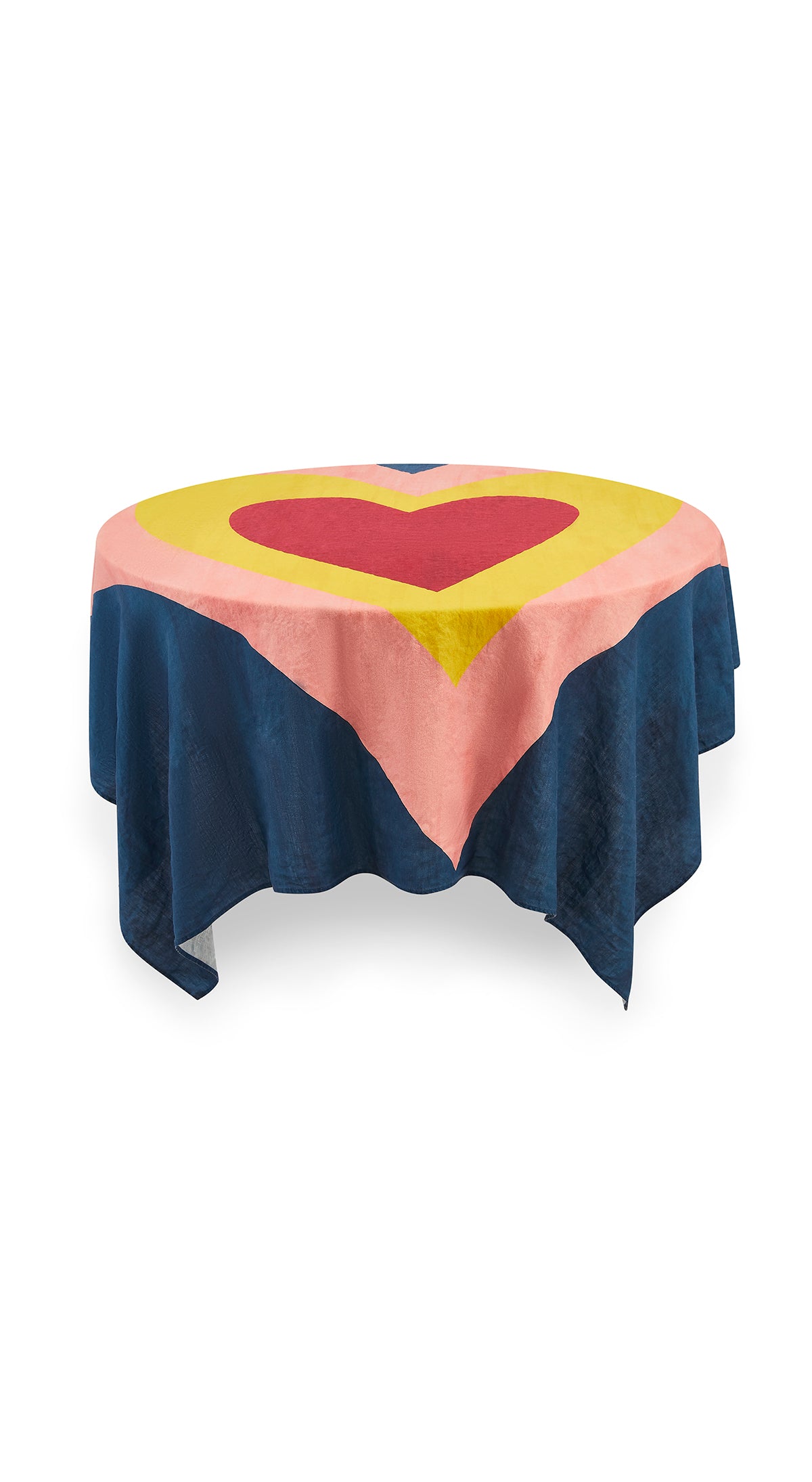 'Table for Two' Square Linen Heart Tablecloth in Blue, Pink, Yellow & Red, 165cm x 165cm