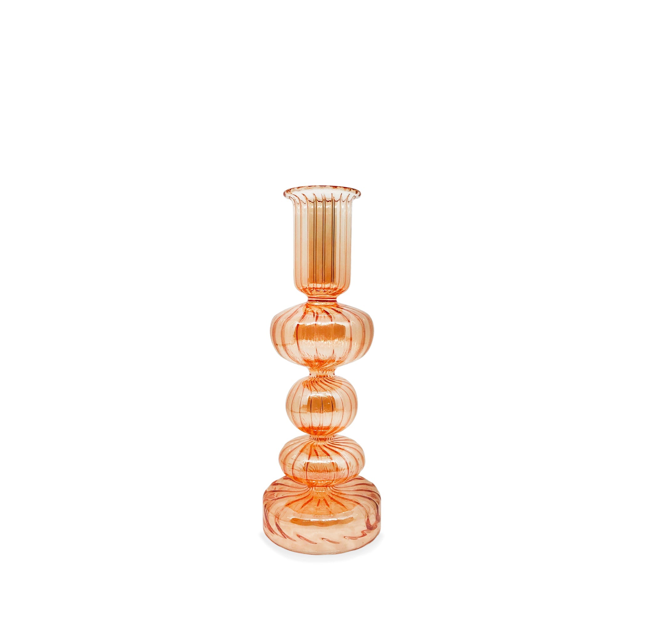 Handblown Ribbed Large Pillar Glass Candlestick in Orange