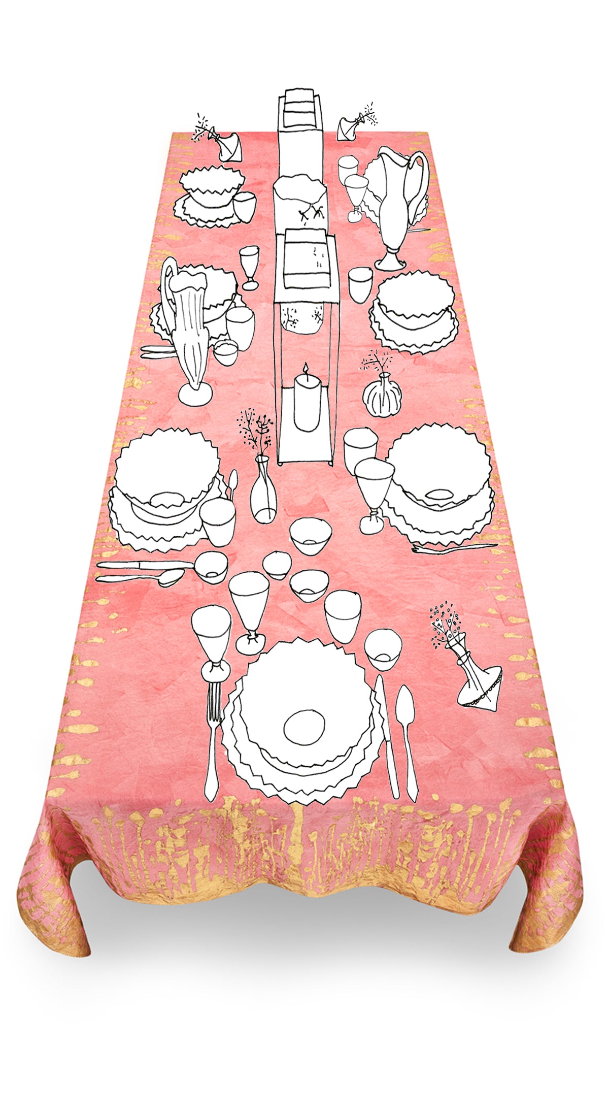 Ink Linen Tablecloth in Deep Pink with Gold Drips