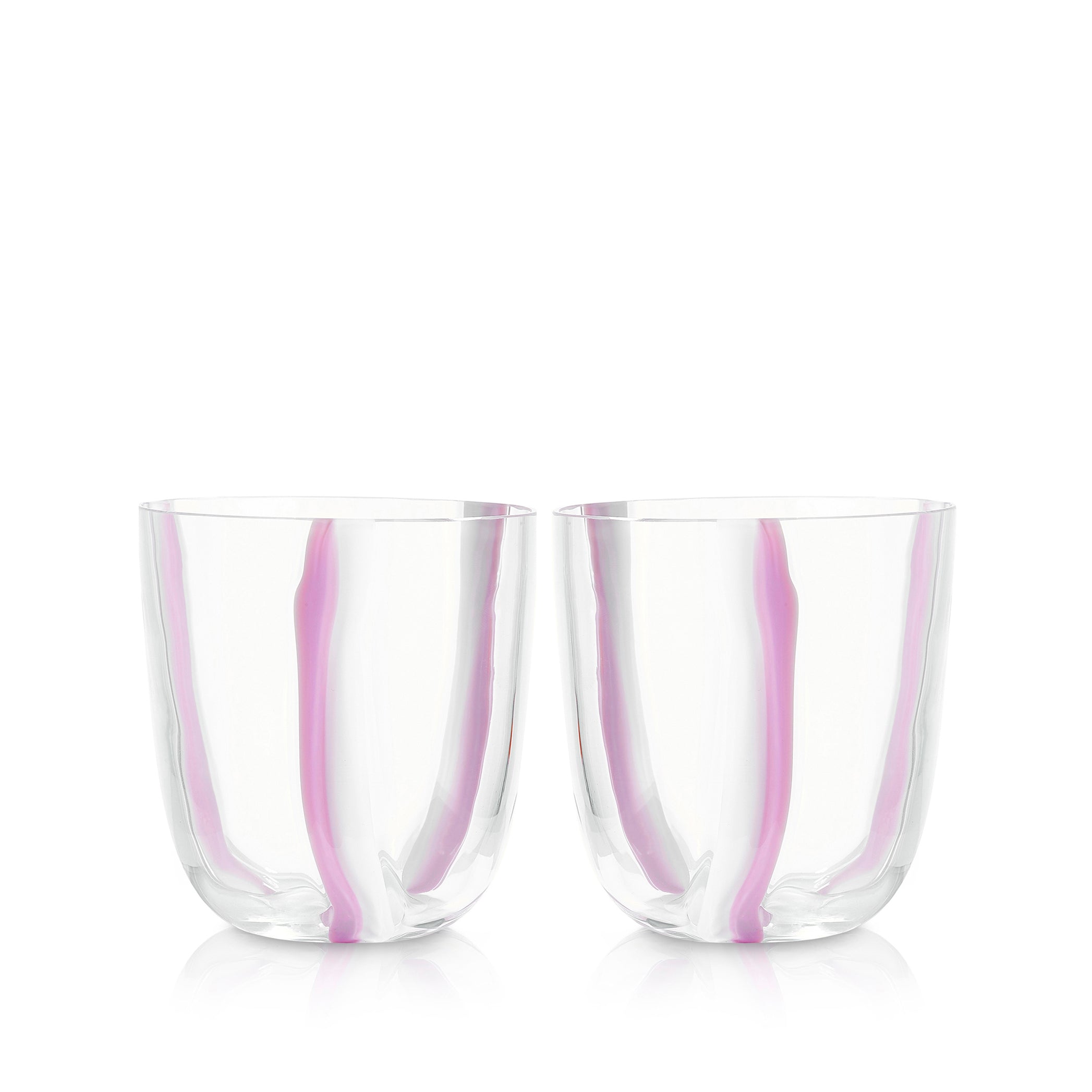 Set of Two Handblown Stripe Glass Tumblers in Rose Pink & White, 8.5cm