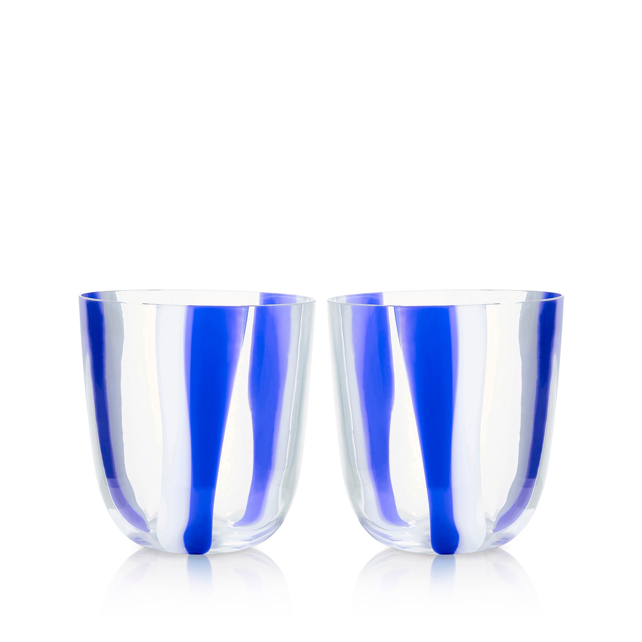Set of Two Handblown Stripe Glass Tumblers in Sky Blue & White, 8.5cm