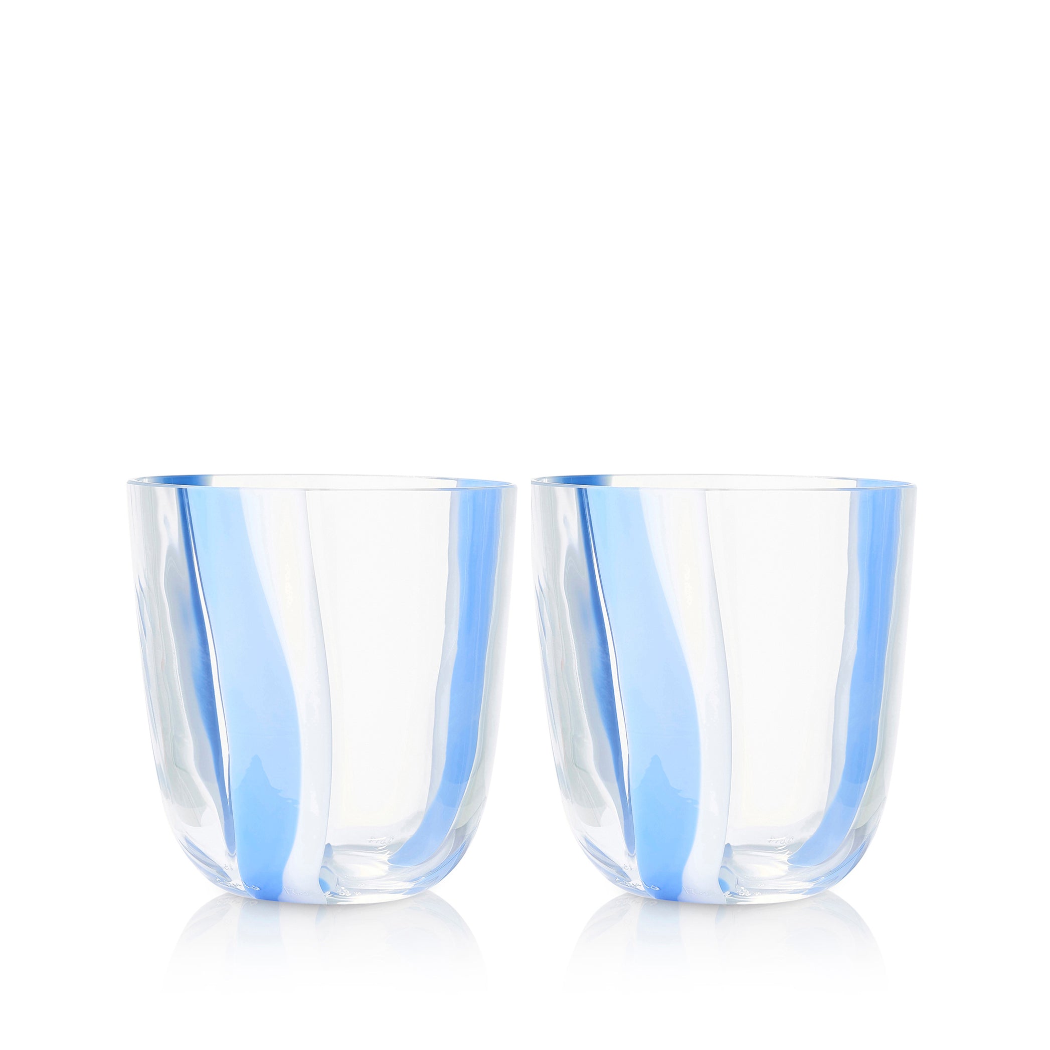 Set of Two Handblown Stripe Glass Tumblers in Turquoise Blue & White, 8.5cm