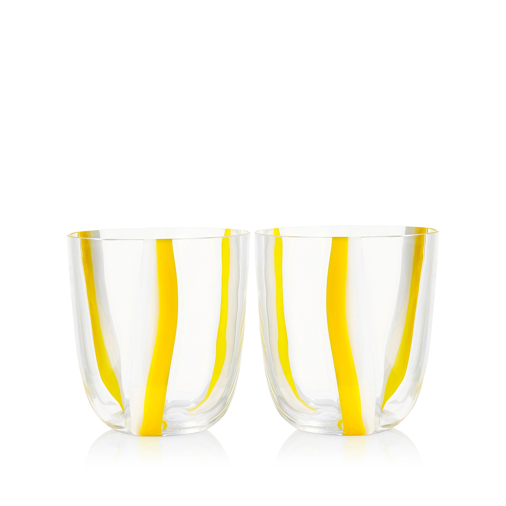 Set of Two Handblown Stripe Glass Tumblers in Lemon Yellow & White, 8.5cm